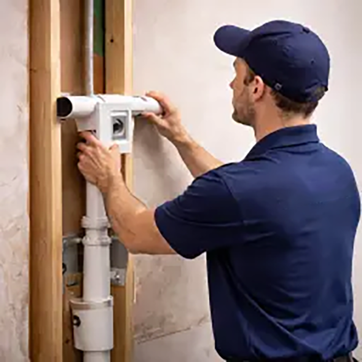 A man in a navy polo shirt and cap installing or repairing plumbing pipes inside a wall.