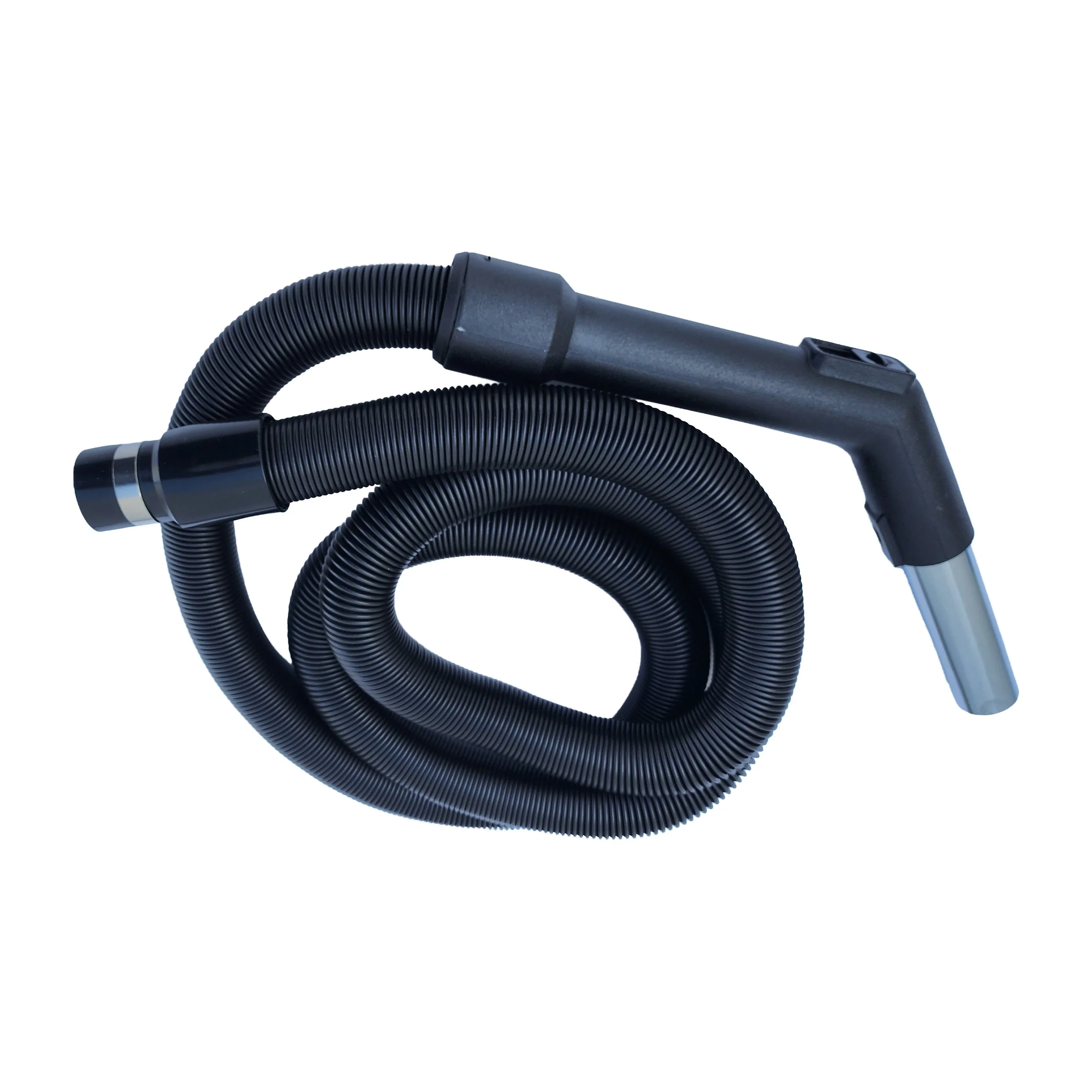 Black vacuum cleaner hose with a handle and a metal attachment, placed on a white background.