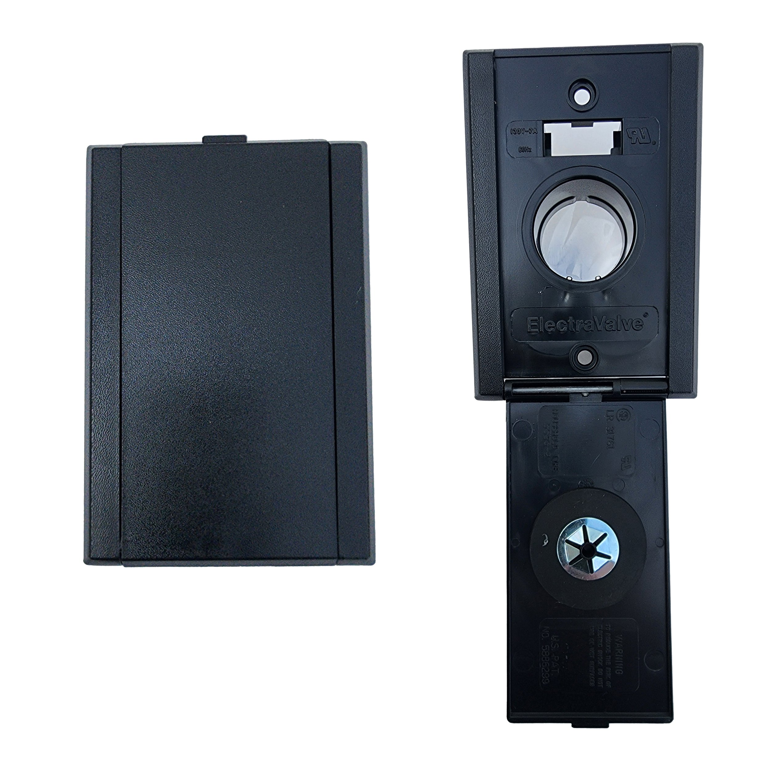 Close-up of two black electronic devices, one with a textured surface and the other with a circular dial, labels, and ports, against a white background.