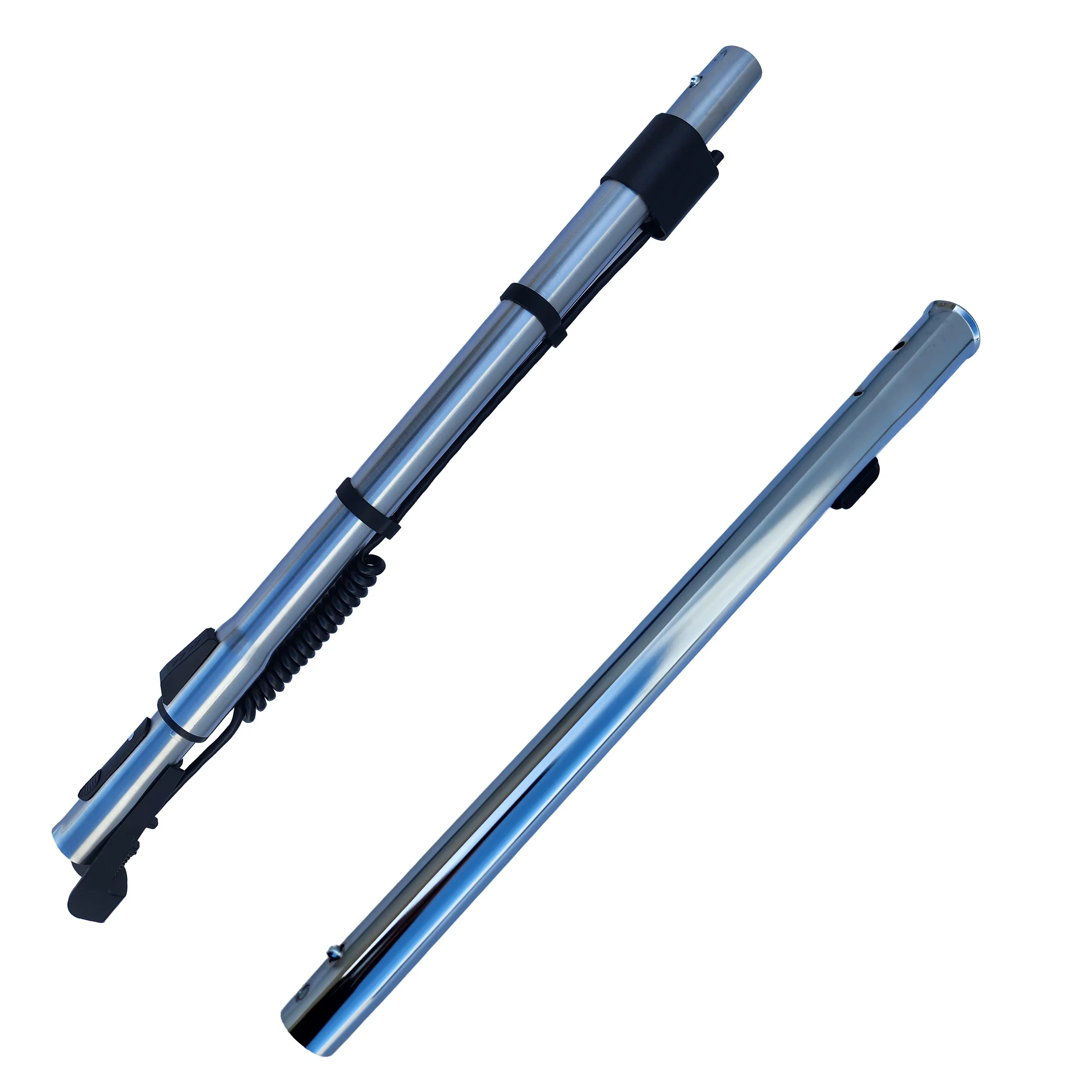 Two exterior aluminum telescoping extension poles with black plastic fittings and adjustable clamps.