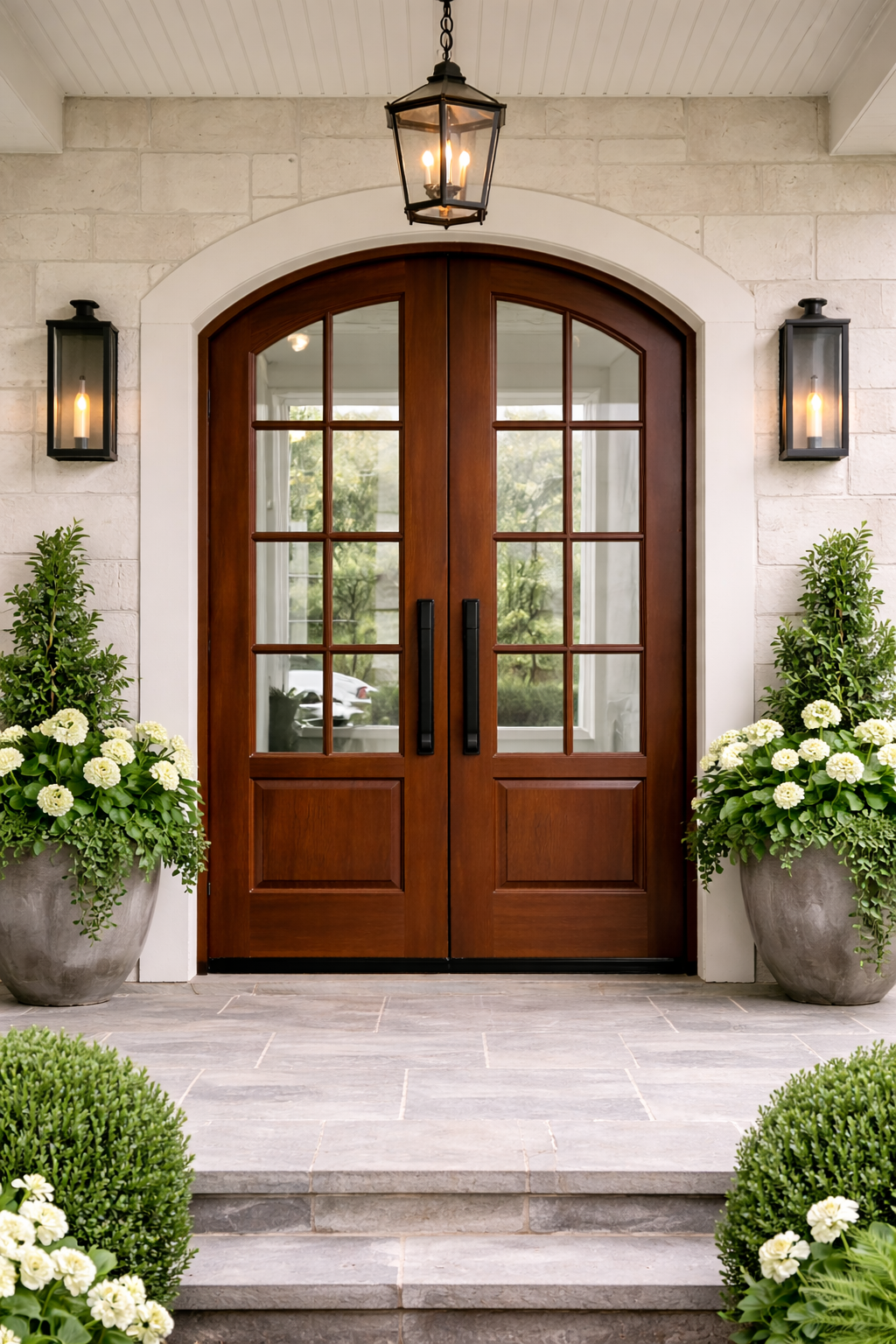 Mahogany arched double doors with glass panels.png