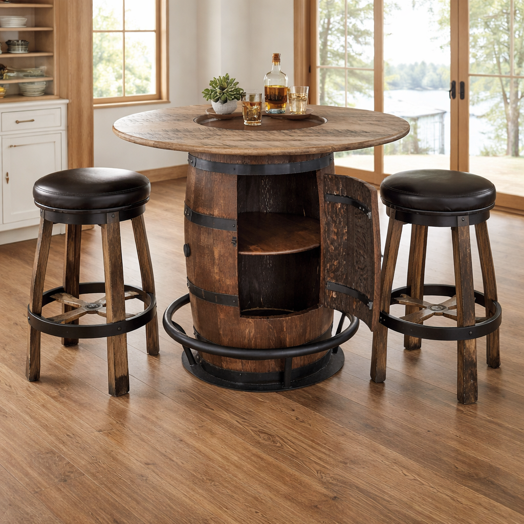rustic barrel table with 2 wine barrel barstools.png
