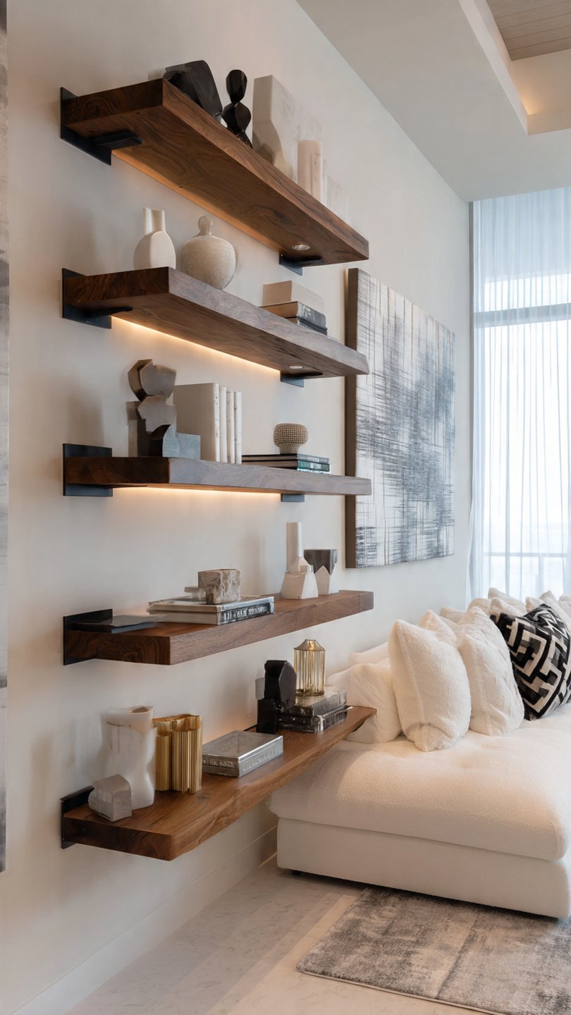 Modern floating style wood shelves with black brackets.jpeg