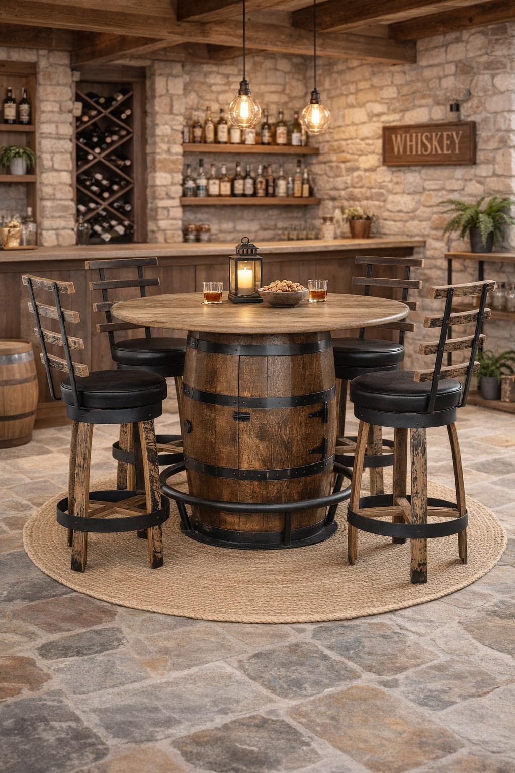 wine barrel hi-top table and barstools with backs.png