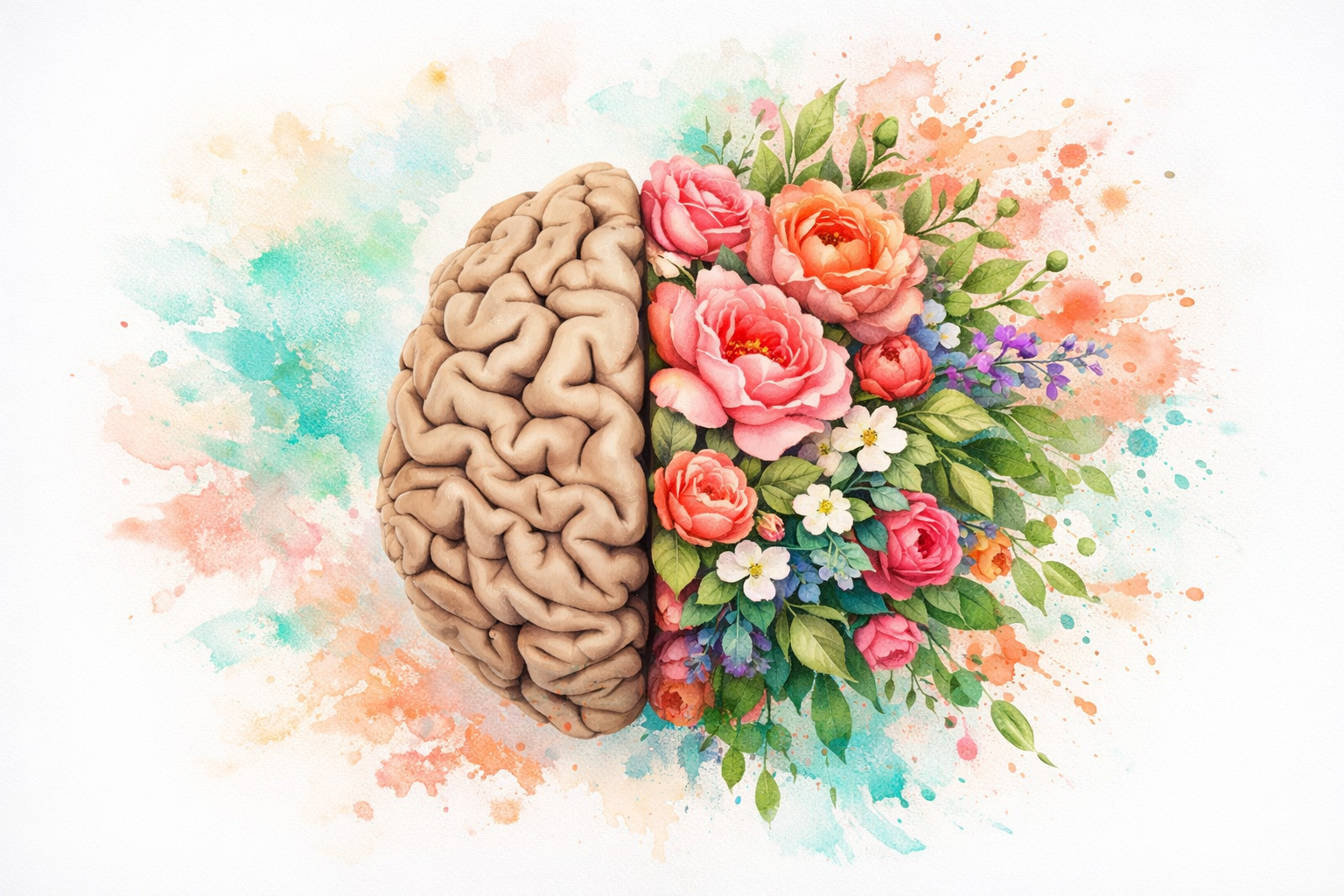 Un cerveau humain partiellement transformé en un bouquet de fleurs colorées avec un fond de peinture aquarelle.