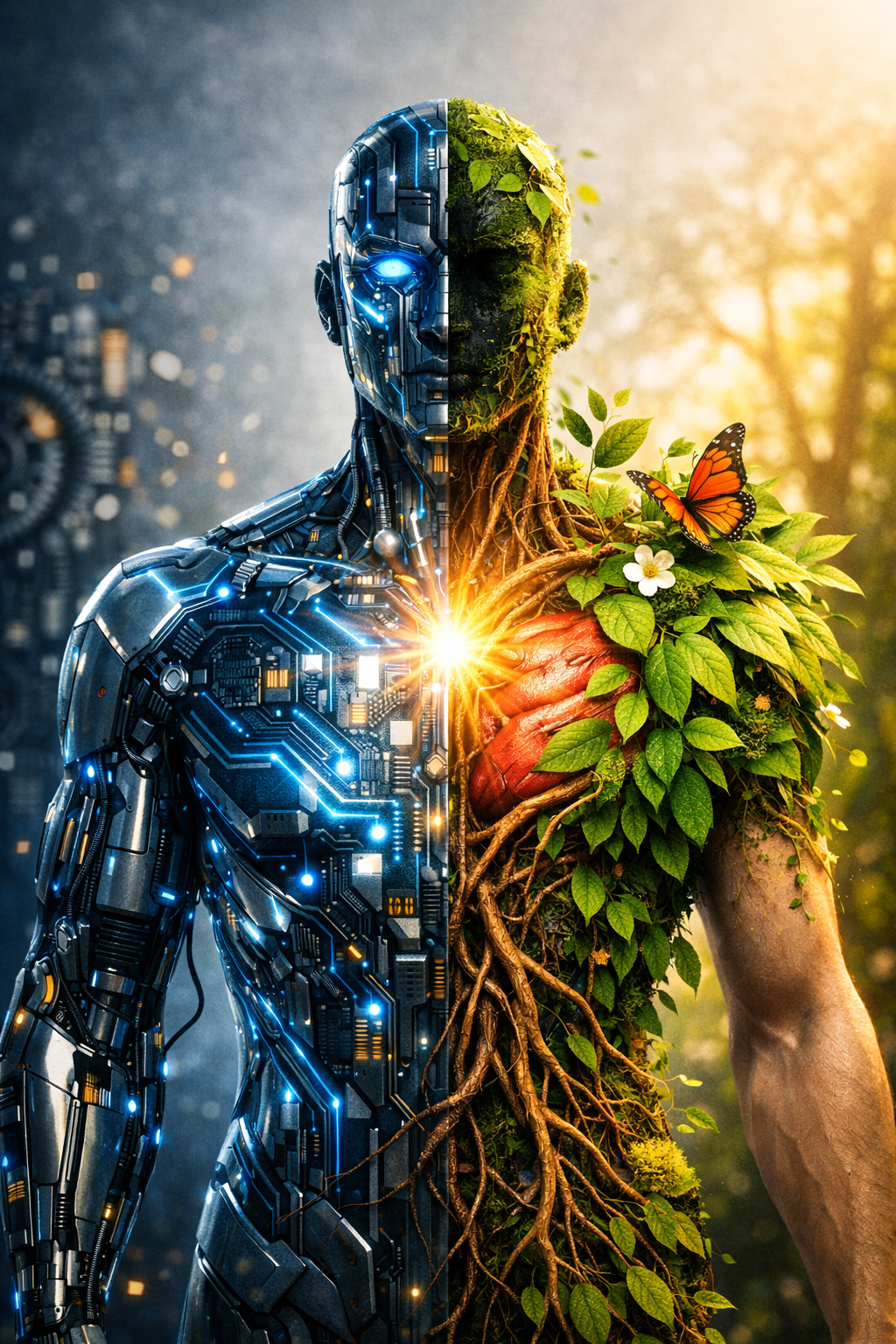 Un robot humanoïde futuriste fusionné avec un arbre et la nature, représentant la symbiose entre technologie et environnement.