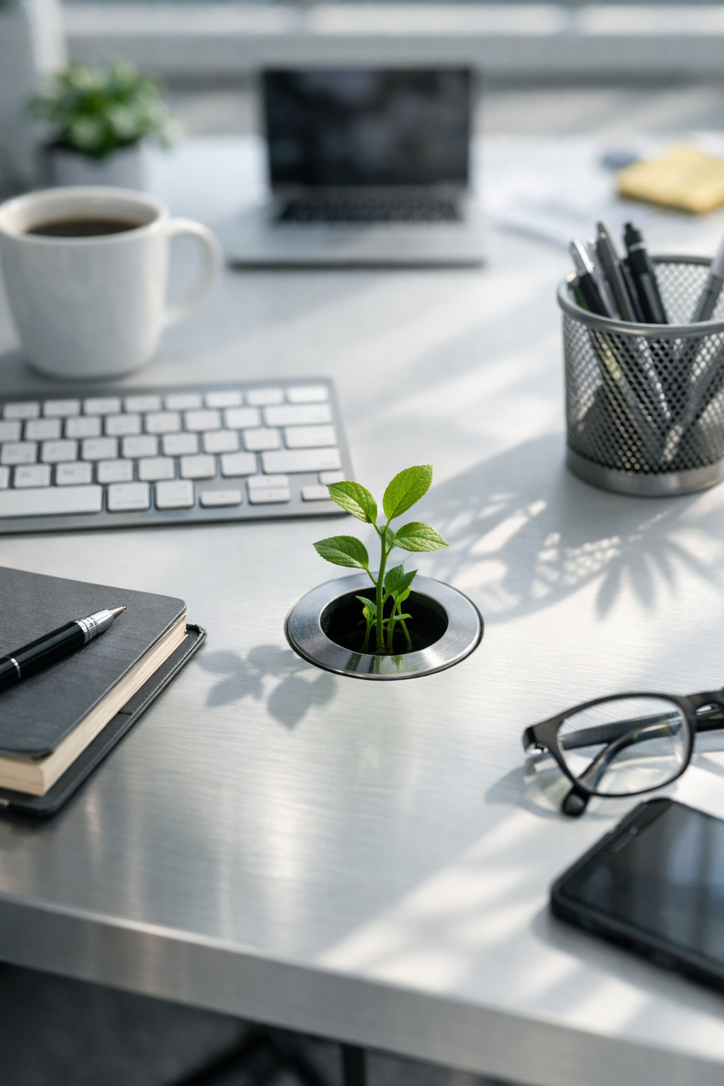 Une plante verte en pot intégrée dans un bureau moderne avec ordinateur portable, clavier, stylo, lunettes, tasse de café, carnet, et un support à stylo, en lumière naturelle.