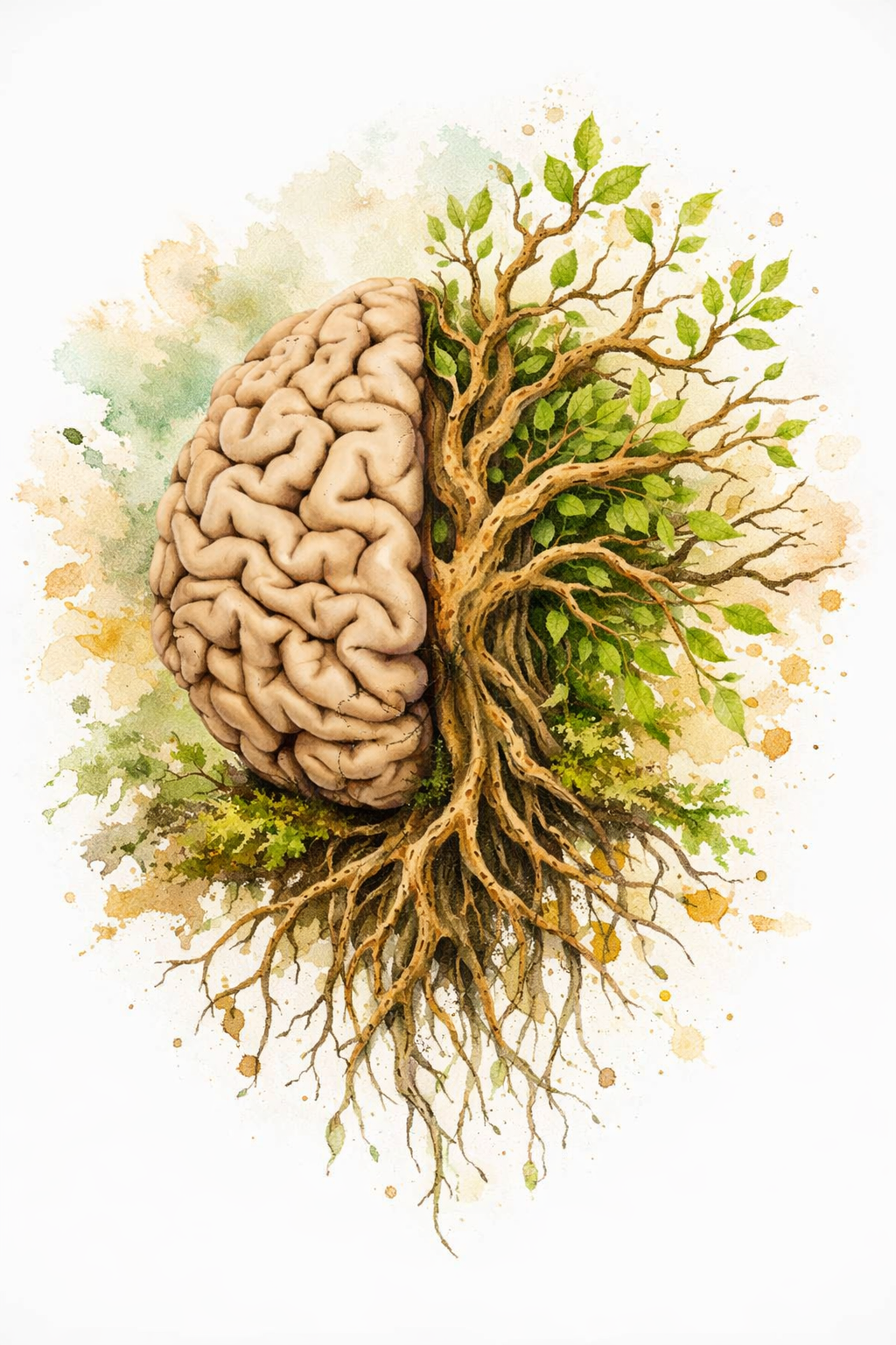Une illustration représentant un cerveau humain fusionné avec un arbre, symbolisant la connexion entre l'esprit et la nature.