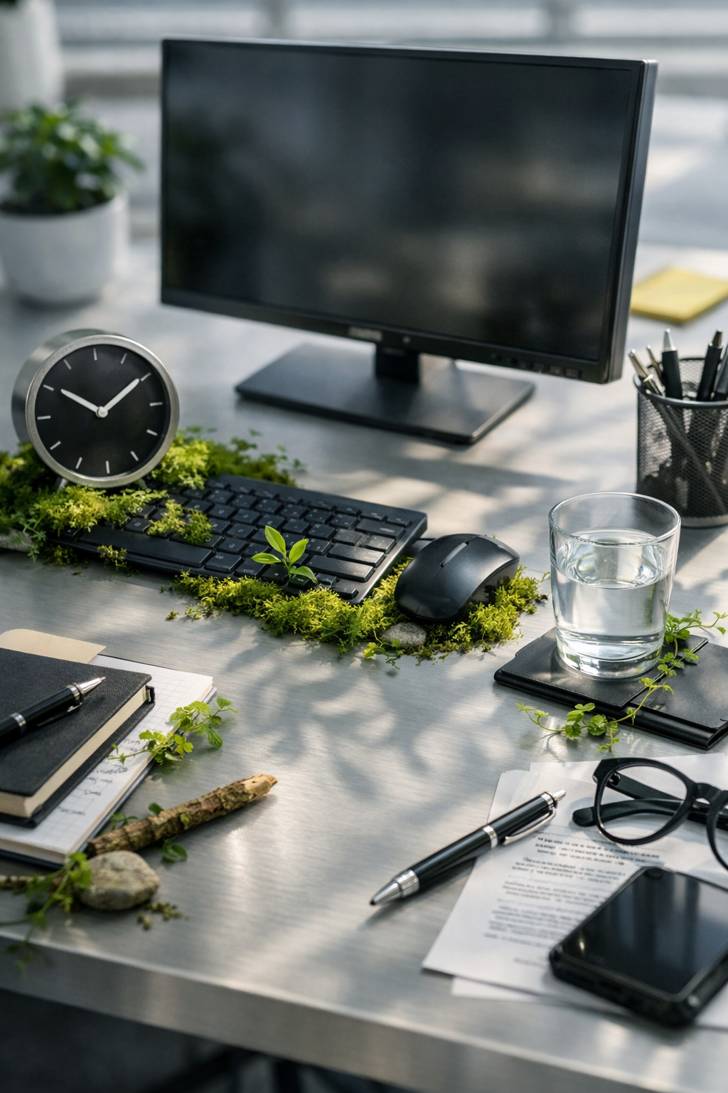 Bureau avec un clavier, un écran d'ordinateur, une montre, une tasse d'eau, des lunettes, des stylos, un carnet, et des plantes naturelles, avec un décor extérieur lumineux.