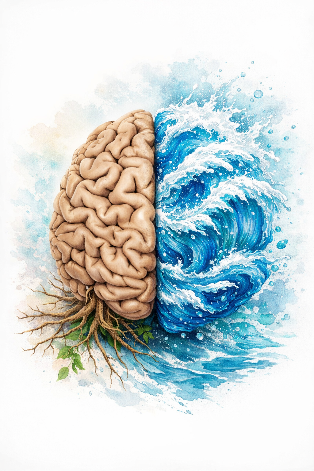 Un cerveau humain stylisé fusionné avec une mer agitée, symbole de la puissance de l'esprit et de la nature.
