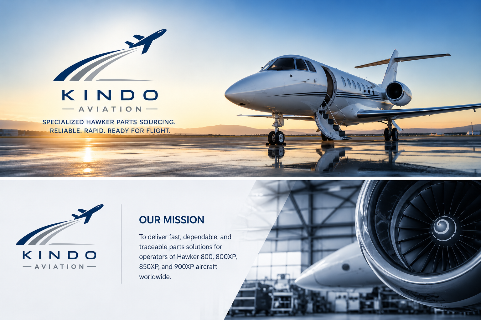 An airplane on a runway during sunset with the Kindo Aviation logo and tagline. The bottom section features the Kindo Aviation logo and mission statement about delivering reliable aircraft parts for specific aircraft models worldwide.