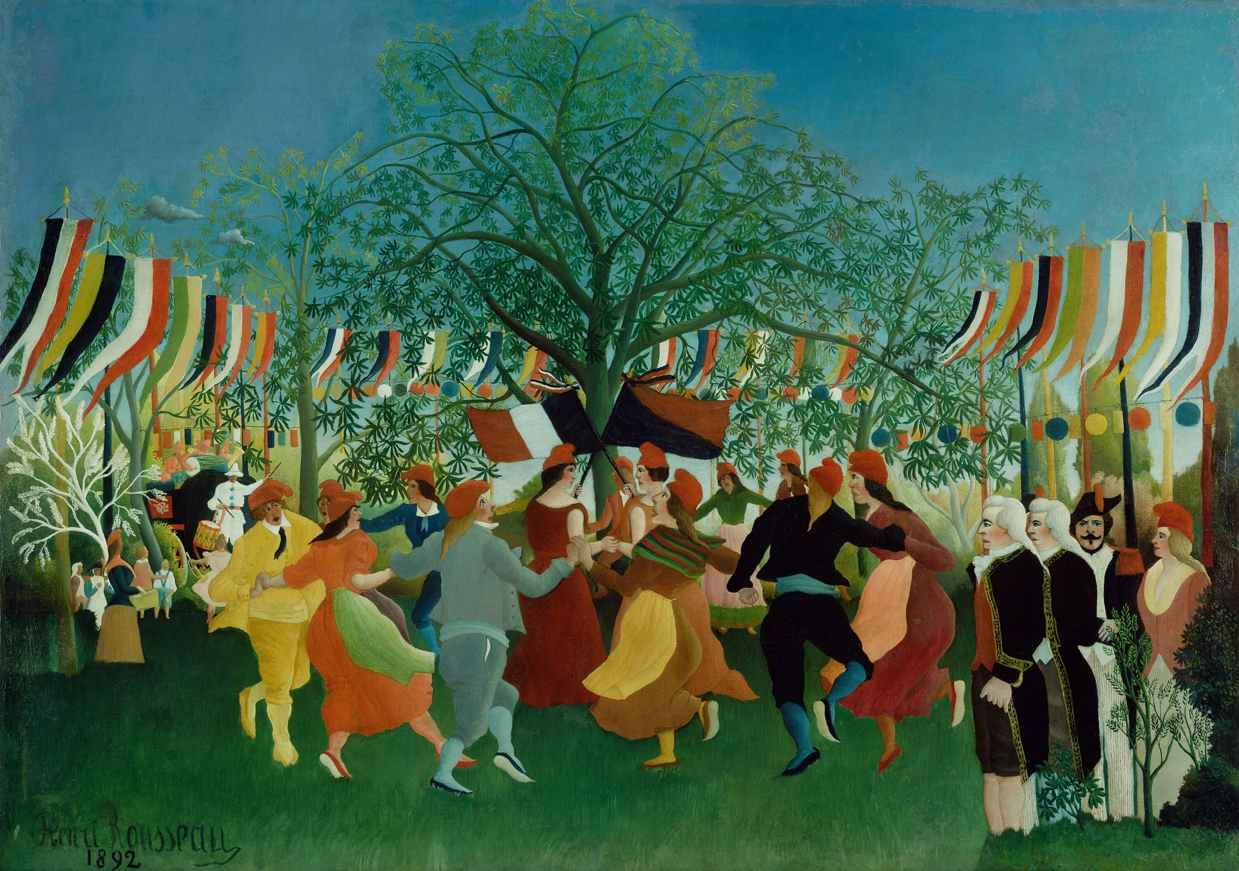 A colorful painting depicting a lively outdoor scene with many people dancing in traditional clothing under a large green tree. There are banners and flags hanging in the background, and a bright, festive atmosphere.