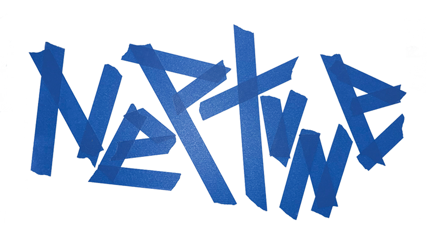 The word 'NASTY' written with blue tape on a white background.