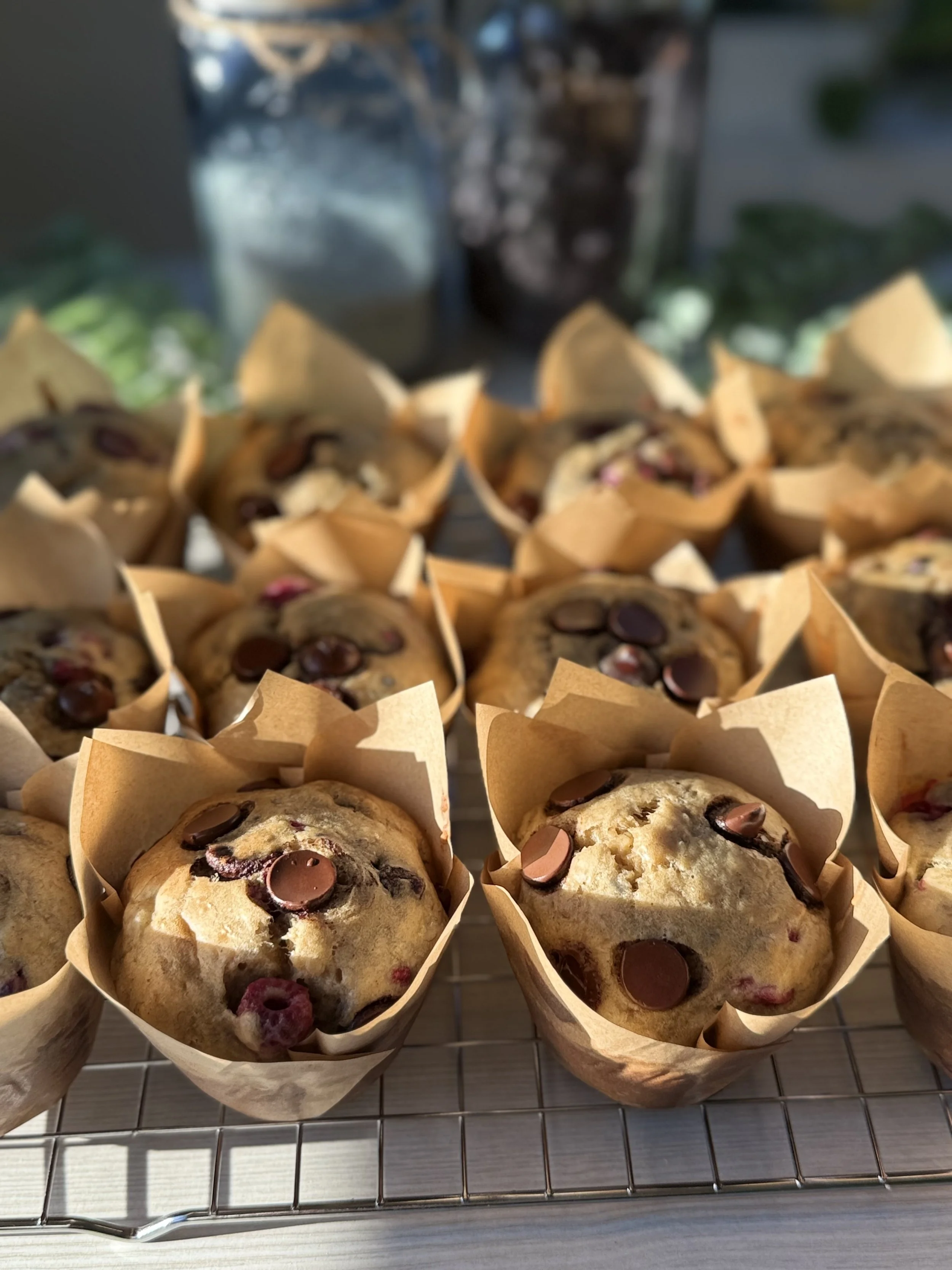 Sourdough Dark Chocolate Raspberry Banana Muffins