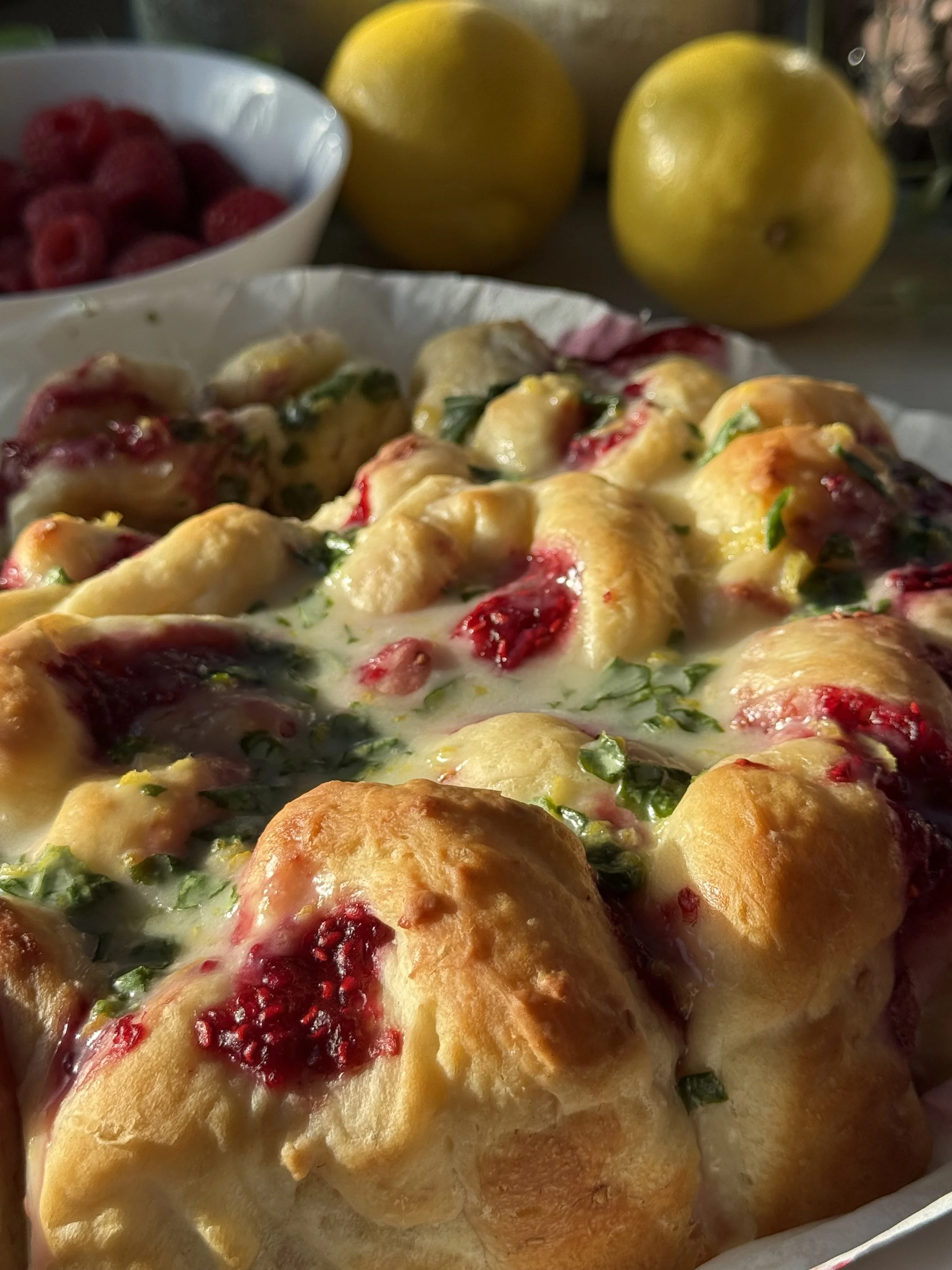 Lemon Raspberry Buns with Lemon Basil Glaze 