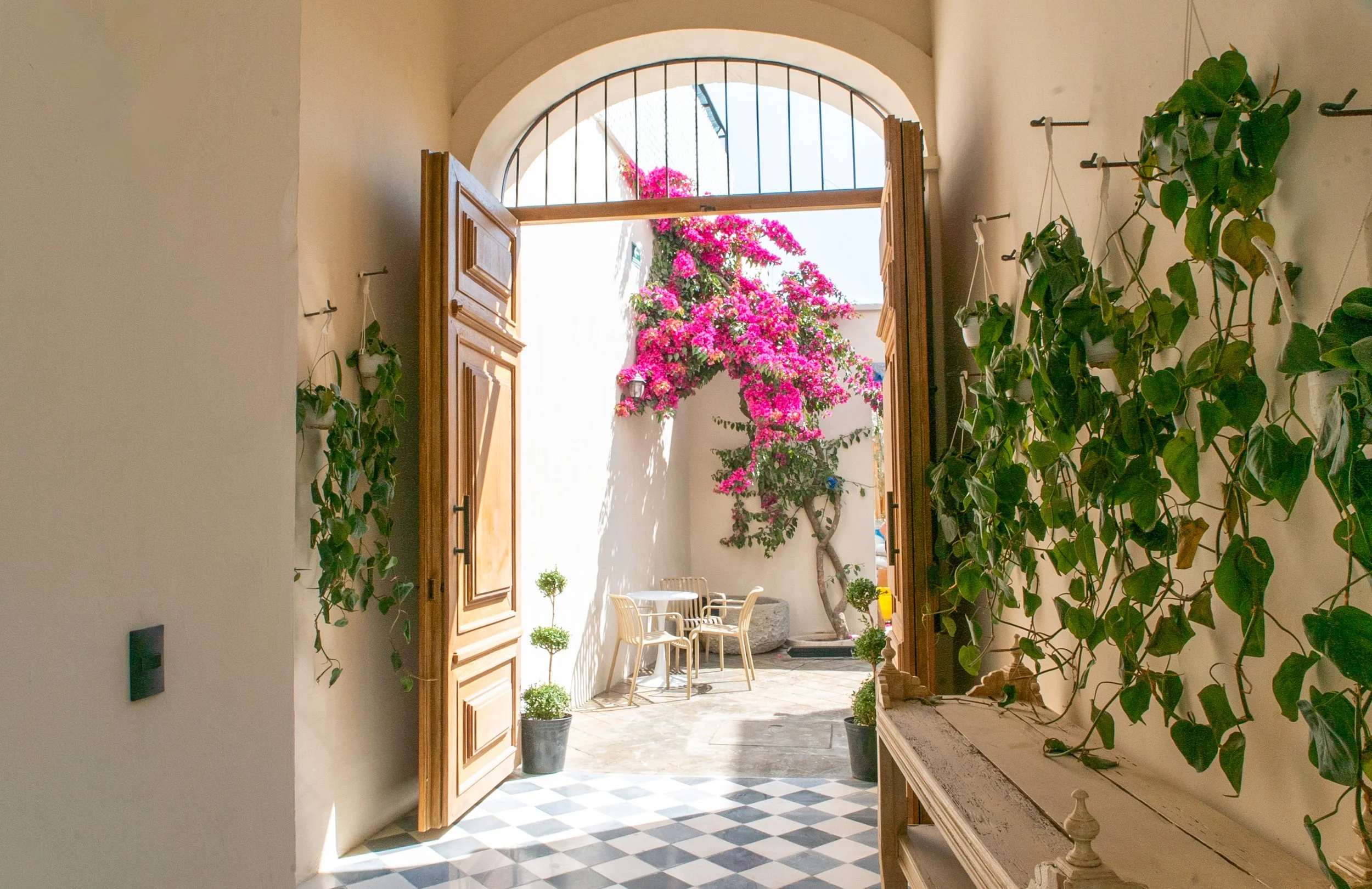 Vista desde la entrada de una casa hacia un patio con mesa y sillas, flores de bugambilia rosa y plantas verdes en macetas, paredes blancas y un suelo de baldosas en patrón de cuadros.