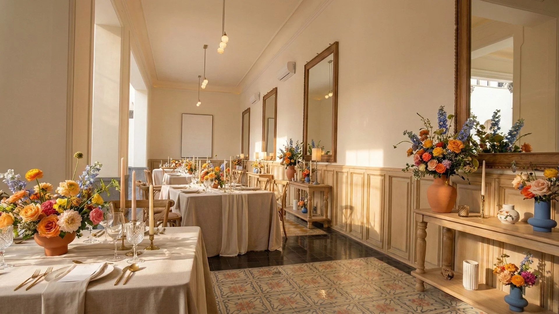 Sala decorada con mesas cubiertas con manteles blancos, flores en jarrones de colores, velas y vajilla elegante, en un ambiente bien iluminado con grandes espejos y molduras en las paredes