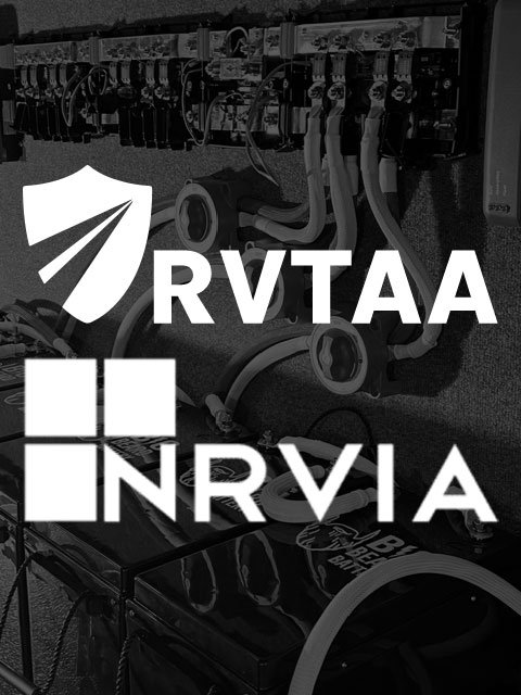 Image of an electrical panel or server rack with the logos of RVTAA and NRVIA overlaid in white.