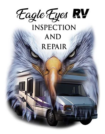 A logo for Eagle Eyes RV Inspection and Repair featuring an eagle's head with piercing eyes and a large beak, with an RV truck below.