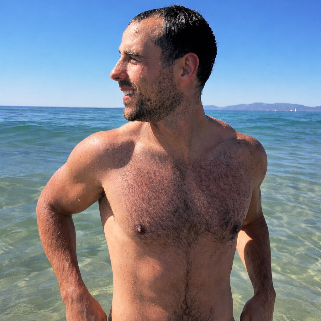 Man with dark, wet hair and beard smiling, standing in ocean water with a clear blue sky and distant land in the background.