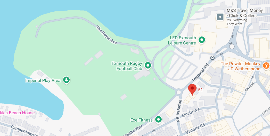 Map showing Imperial Play Area, Exmouth Rugby Football Club, LED Exmouth Leisure Centre, Exe Fitness, and nearby streets in Exmouth, UK.
