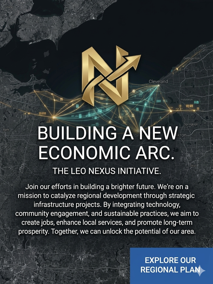 Map of Cleveland, Ohio with a large golden logo of interconnected arrows and lines, overlaid with text promoting the Leo Nexus Initiative for regional economic development.
