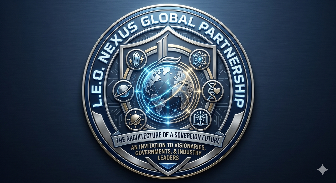 A detailed emblem or badge with a globe at the center, surrounded by icons representing science and technology, and the text 'LE.xUS GLOBAL PARTNERSHIP' at the top. The emblem includes a banner with the phrase 'THE ARCHITECTURE OF A SOVEREIGN FUTURE' and additional text inviting visionaries, governments, and industry leaders.
