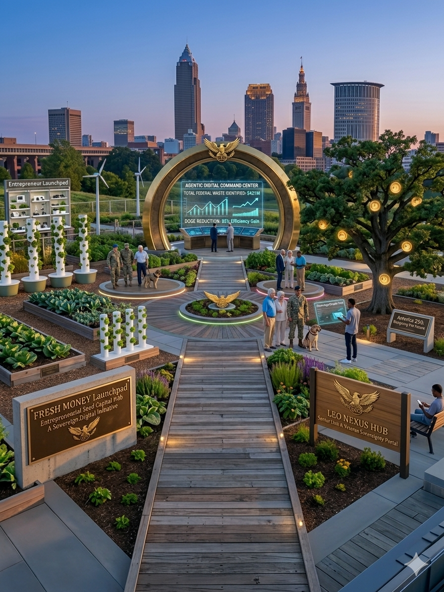 A futuristic park set against a city skyline with tall buildings at sunset. It features a large digital display, a golden eagle statue, various people, some with dogs, and signs for a money launchpad and a hub, with trees and plants.