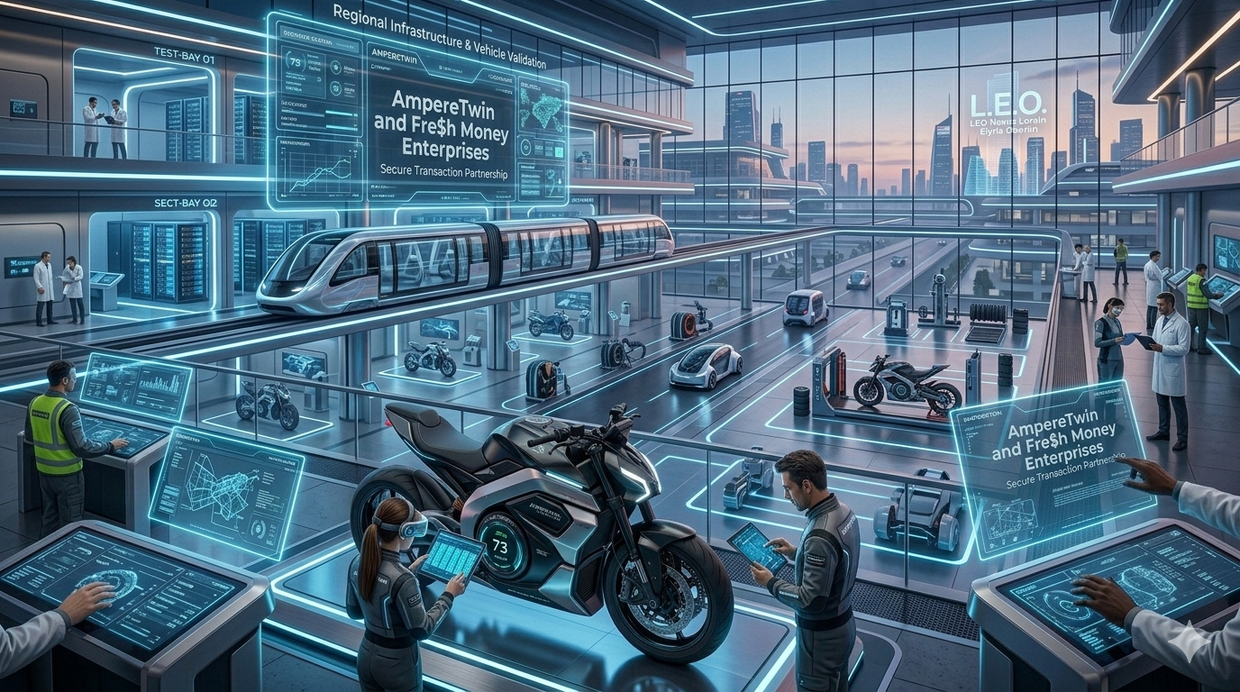 A futuristic transportation hub with flying cars, motorcycles, and electric vehicles, advanced digital screens, and scientists and engineers working on vehicle technology.