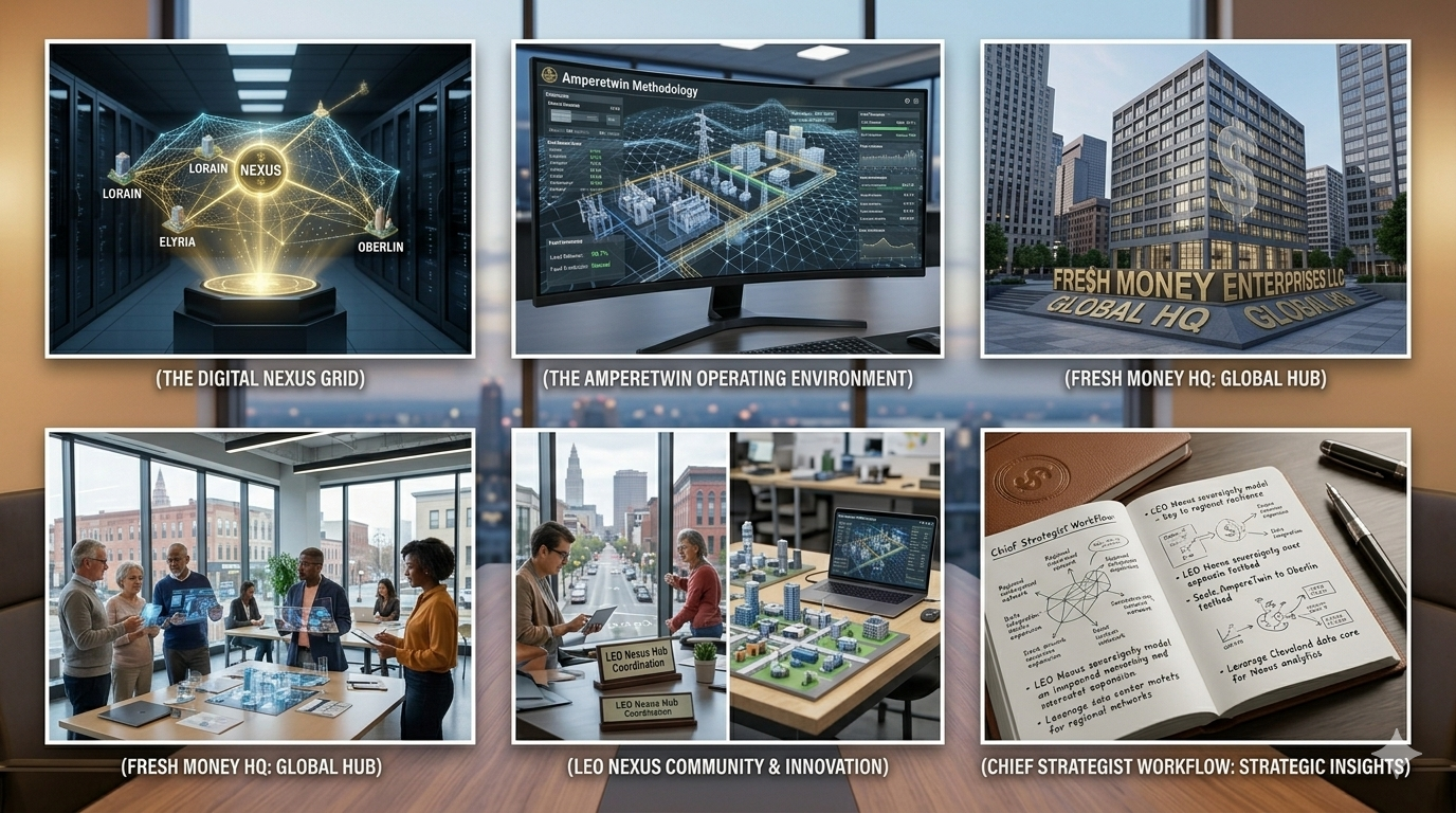 Collage of six images showing a digital network and blockchain concept, a computer screen with a 3D model of an industrial facility, a modern office building with a sign reading 'Fresh Money HQ,' a group of diverse professionals discussing in a conference room with holographic displays, another group of professionals reviewing urban development plans, and an open notebook with business notes and sketches.