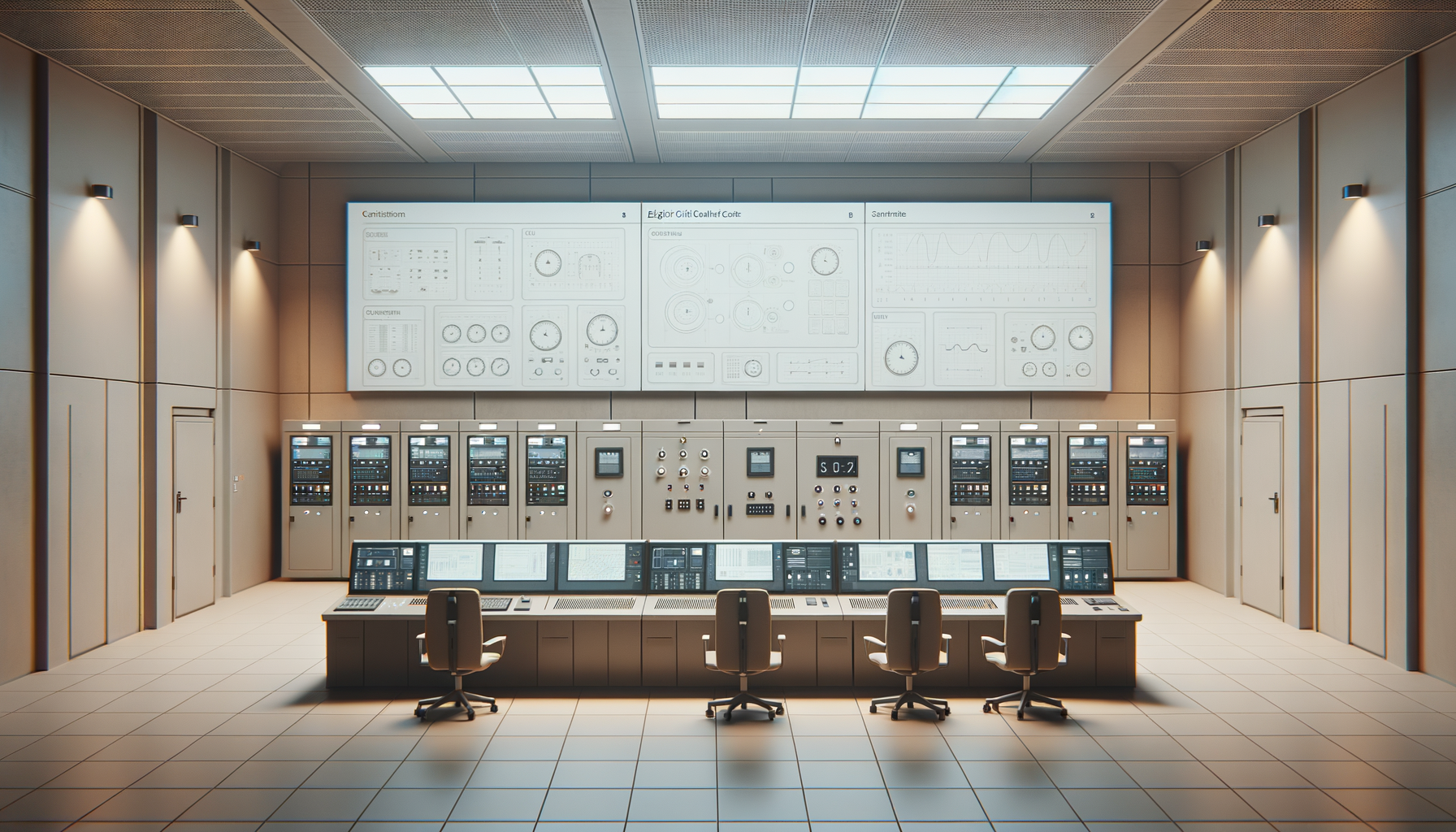 Large control room with multiple computers, control panels, and large display screens on the wall showing technical diagrams and graphs.