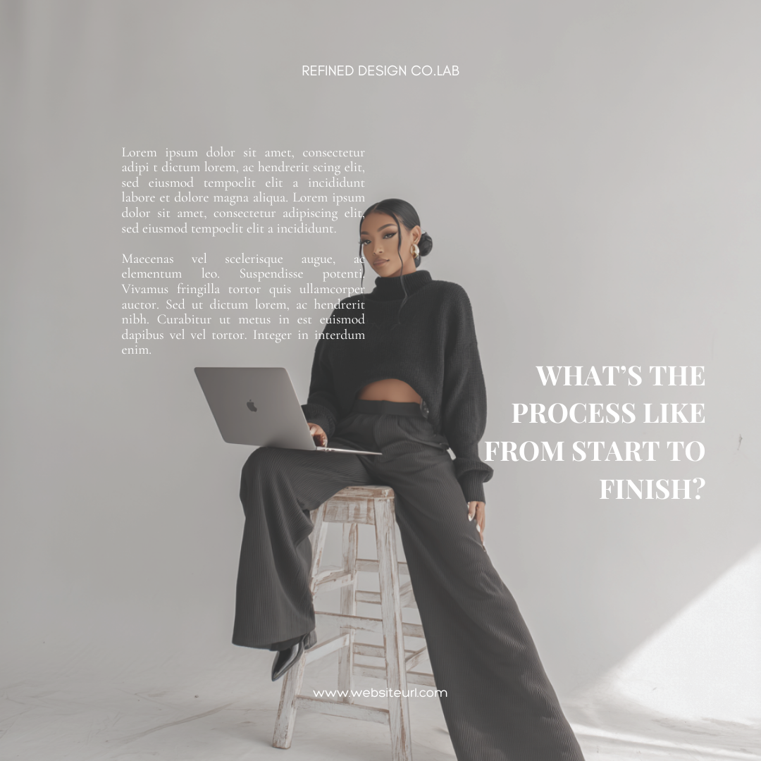 A woman sitting on a wooden stool with a laptop, dressed in black, in a minimalistic studio setting, with text overlays discussing the process from start to finish.