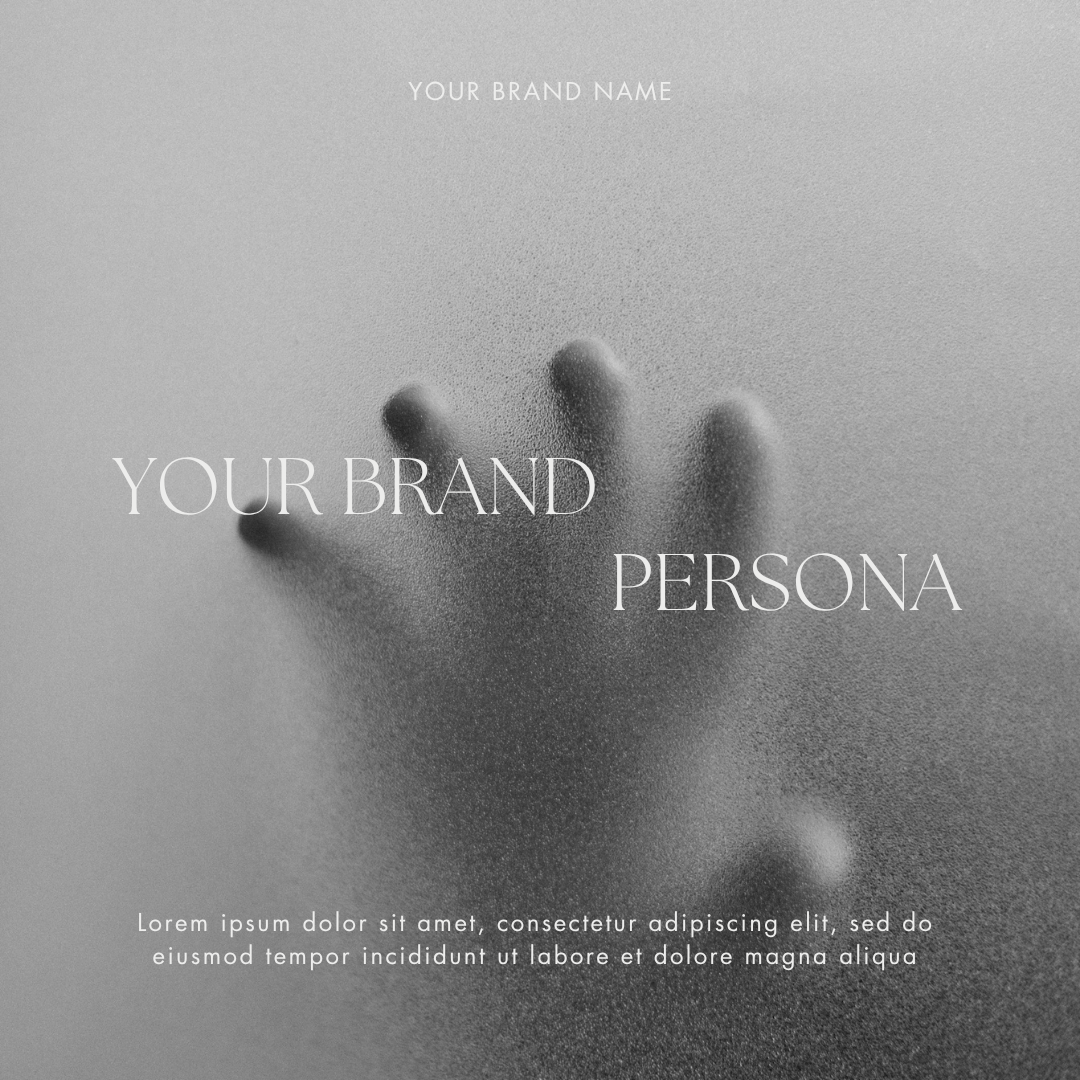 A hand pressing against a foggy or frosted glass surface, with text overlay in white stating 'YOUR BRAND NAME,' 'YOUR BRAND,' 'PERSONA,' and placeholder paragraph of lorem ipsum.