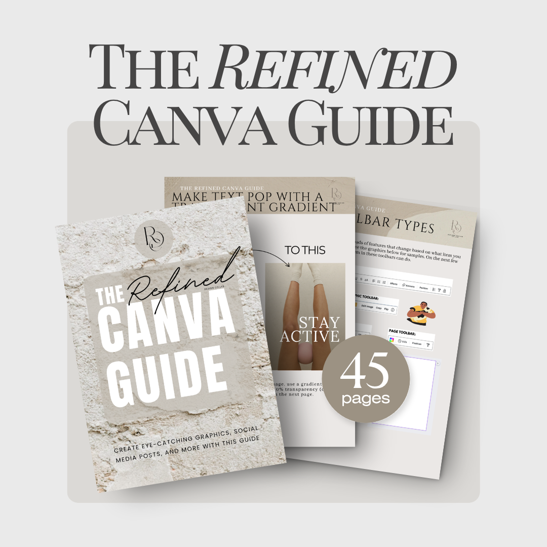 A promotional image showcasing a Canva guide titled 'The Refined Canva Guide,' featuring three pages with text and graphics, including a page on toolbar types, a page with an image of legs and the text 'Stay Active,' and a page with colorful icons. The guide contains 45 pages.