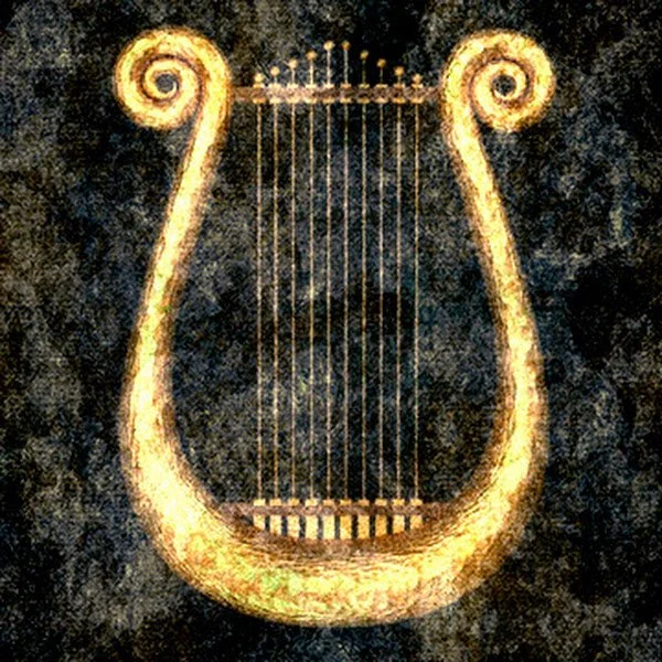 Illustration of a golden lyre with a dark background.