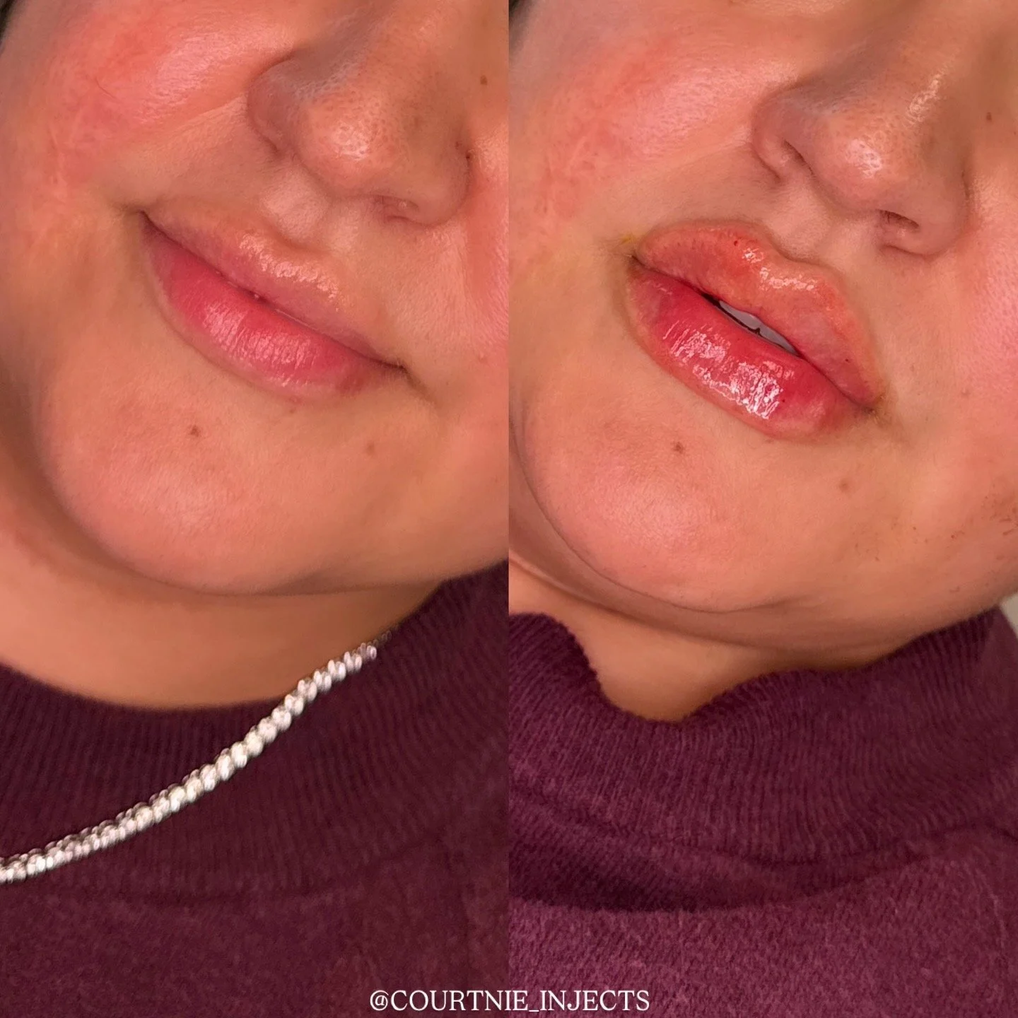 Close-up of a woman's lips before and after lip gloss application, wearing a maroon top and a pearl necklace.
