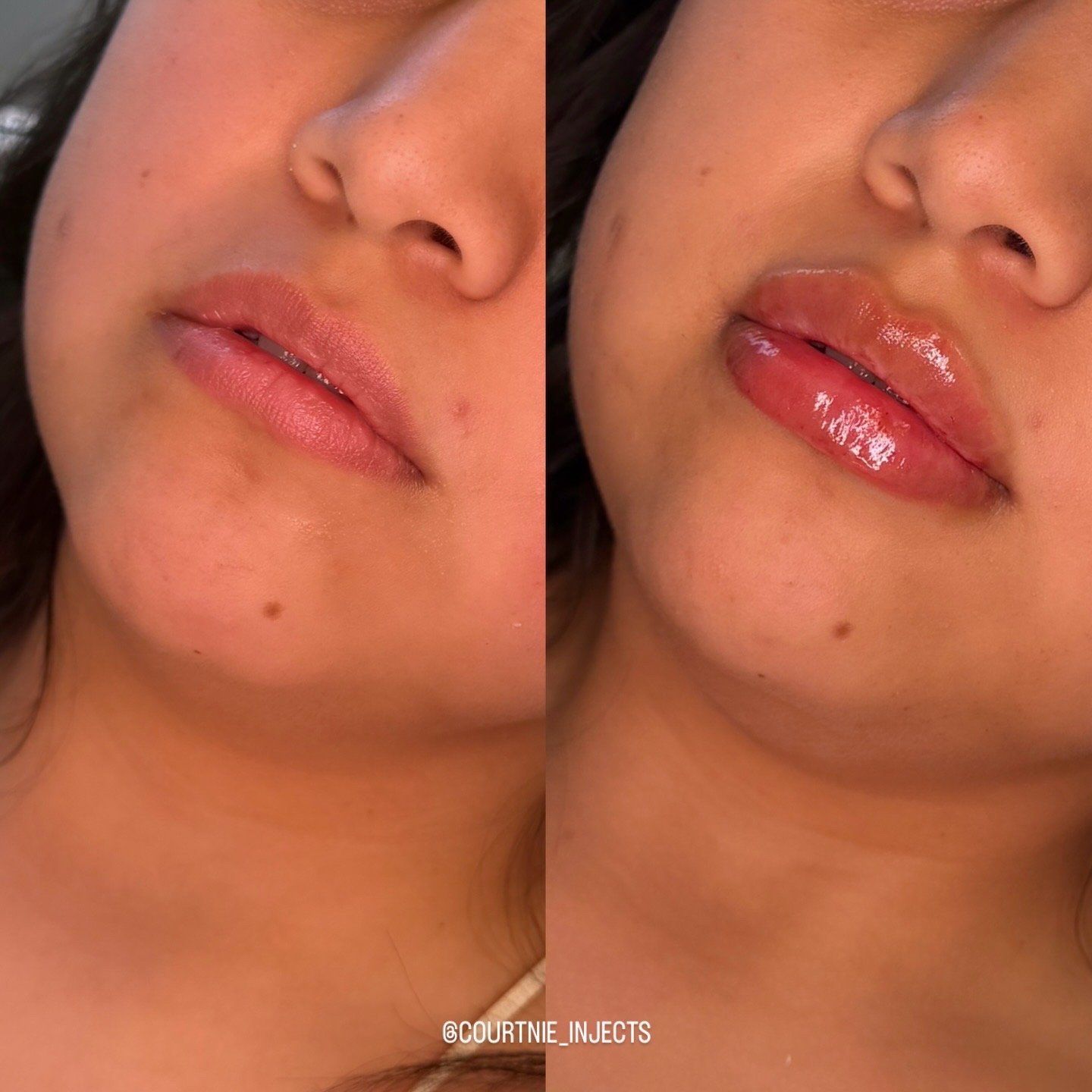 A split image showing the same woman's lips and lower face before and after lip gloss application. The left side shows her lips with a natural look, the right side shows her lips glossy and shiny.