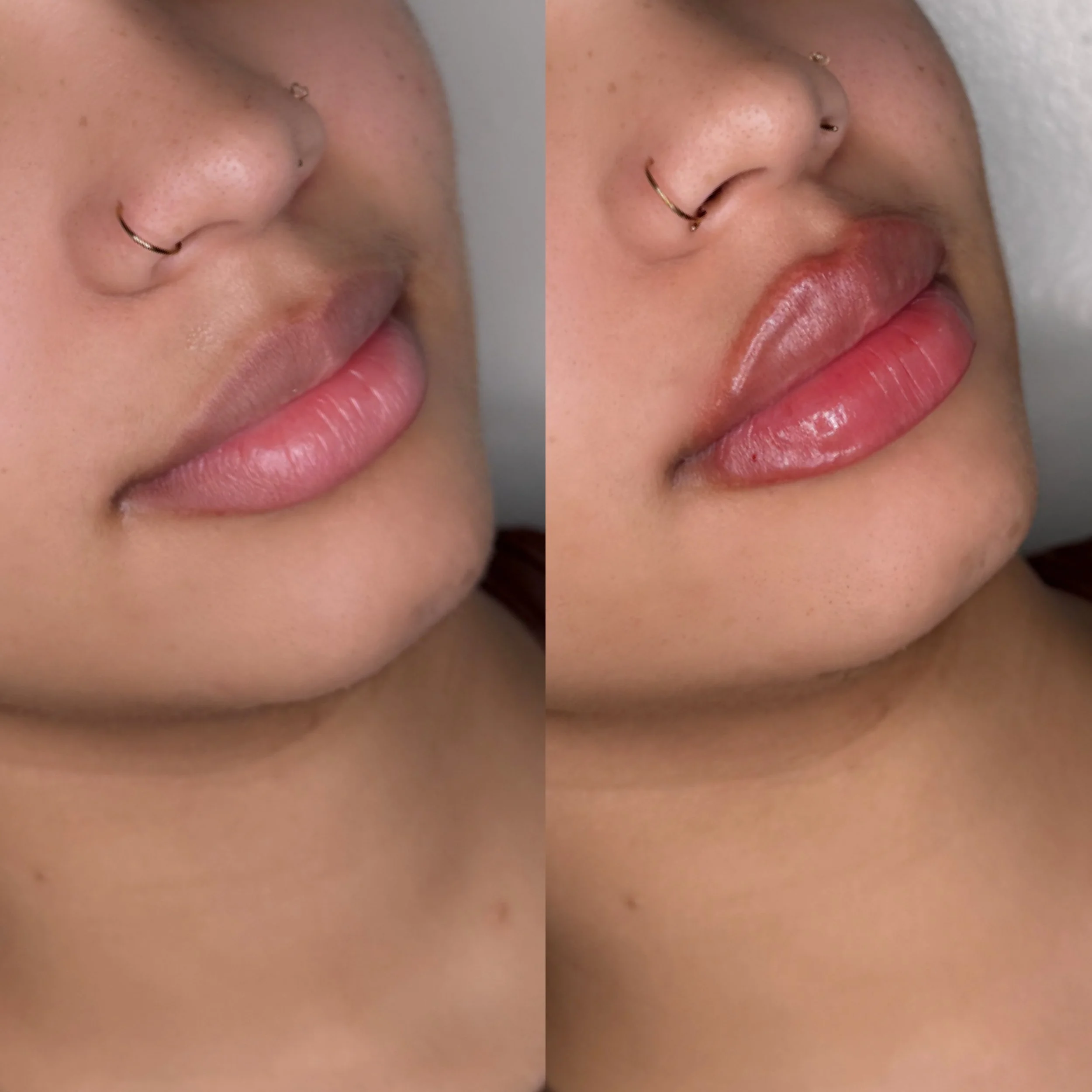 Close-up of a person's lips before and after applying lip gloss, with visible nose piercings.