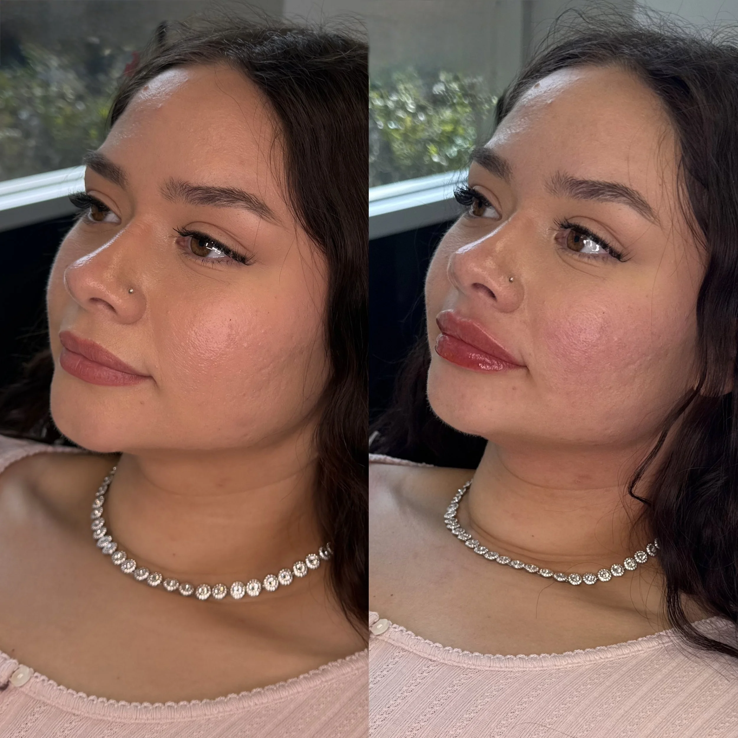 Side-by-side close-up of a young woman with dark, wavy hair, wearing a diamond necklace, pink top, and a small nose piercing. The left image shows her with natural makeup, while the right shows her with makeup including lipstick and eye makeup.