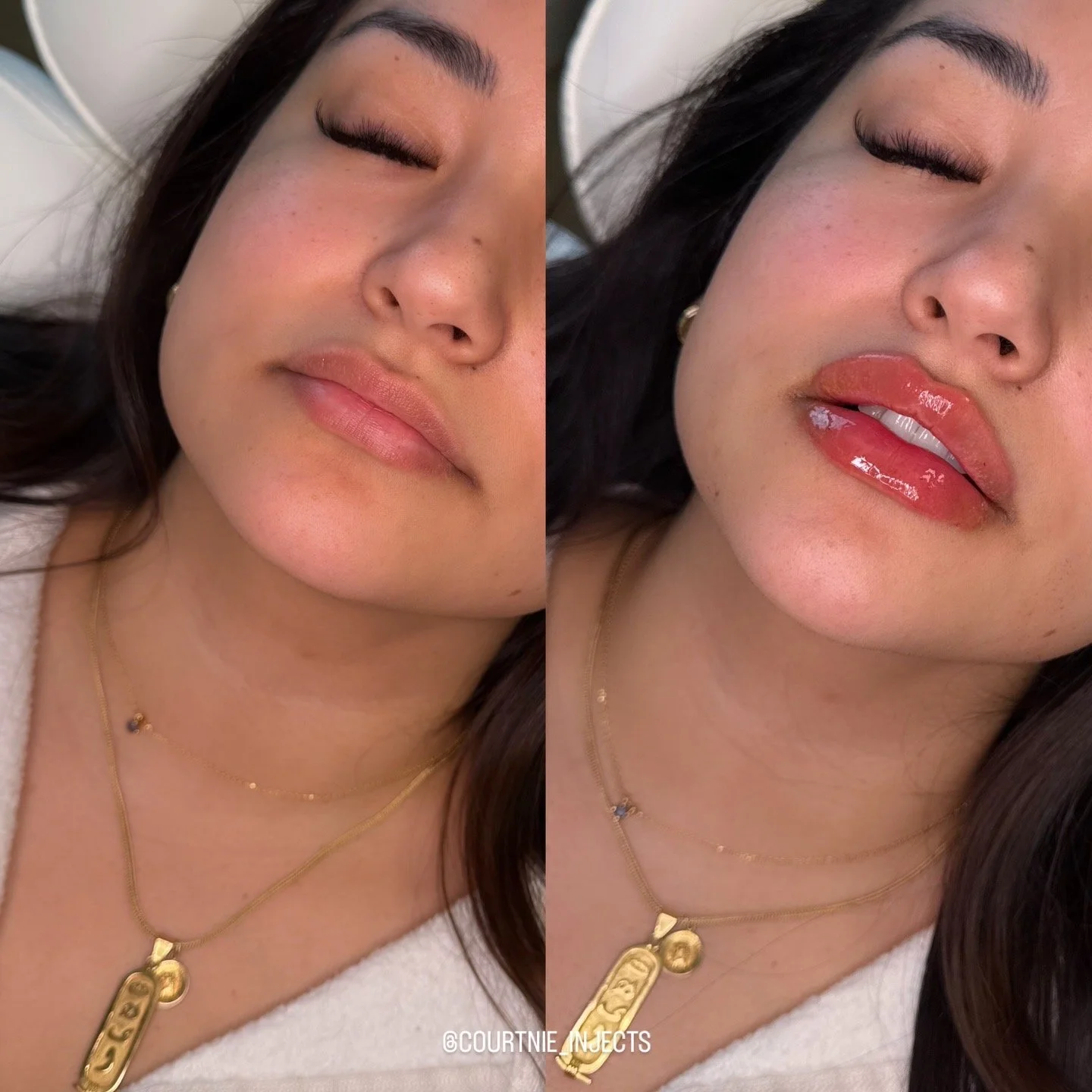 Side-by-side close-up images of a woman with dark hair, closed eyes, and light makeup, wearing layered gold necklaces. The left image shows her with natural lips, while the right image shows her with glossy, slightly parted lips.