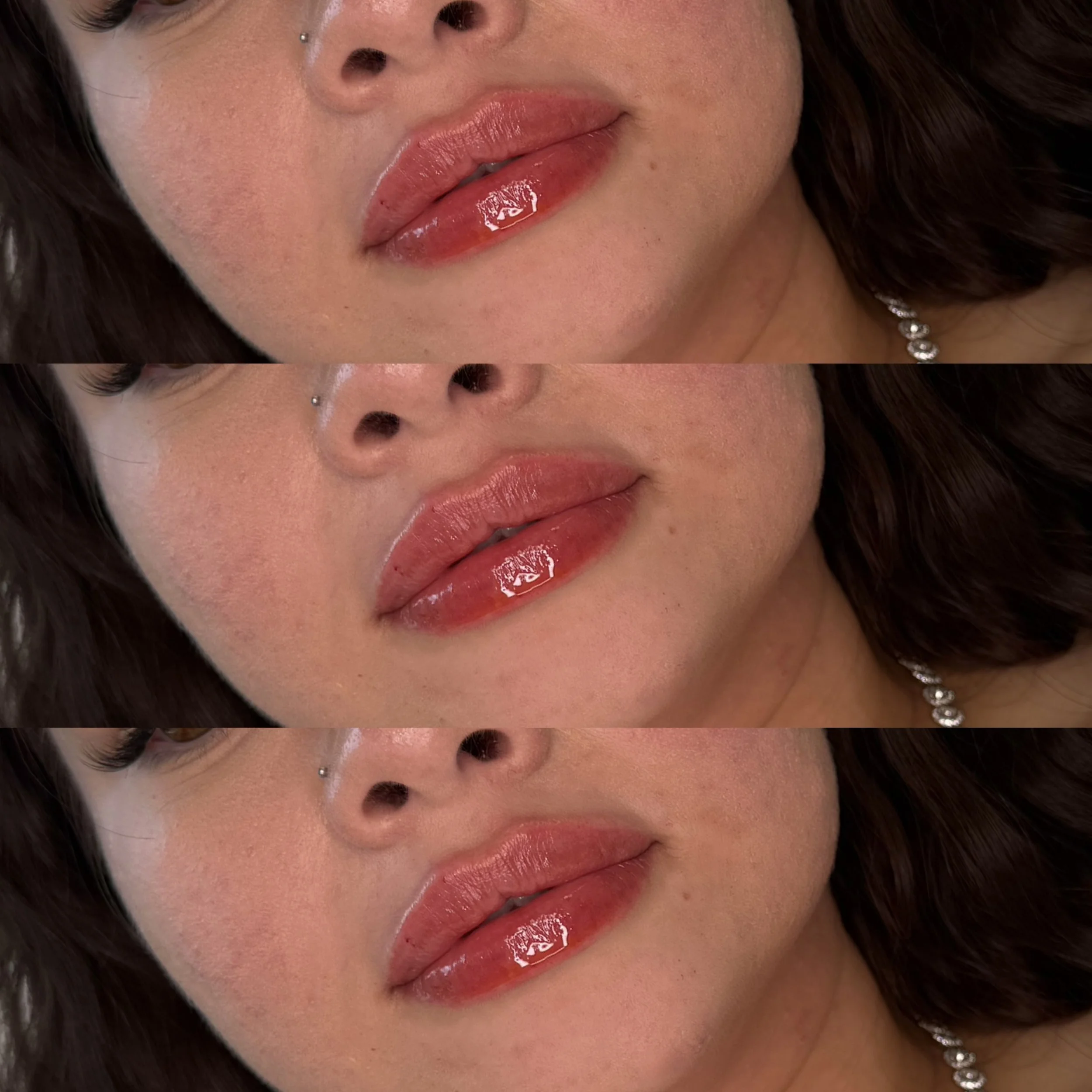 Close-up of a woman's lower face showing glossy lips with lip gloss, part of a nose, and a pearl earring.