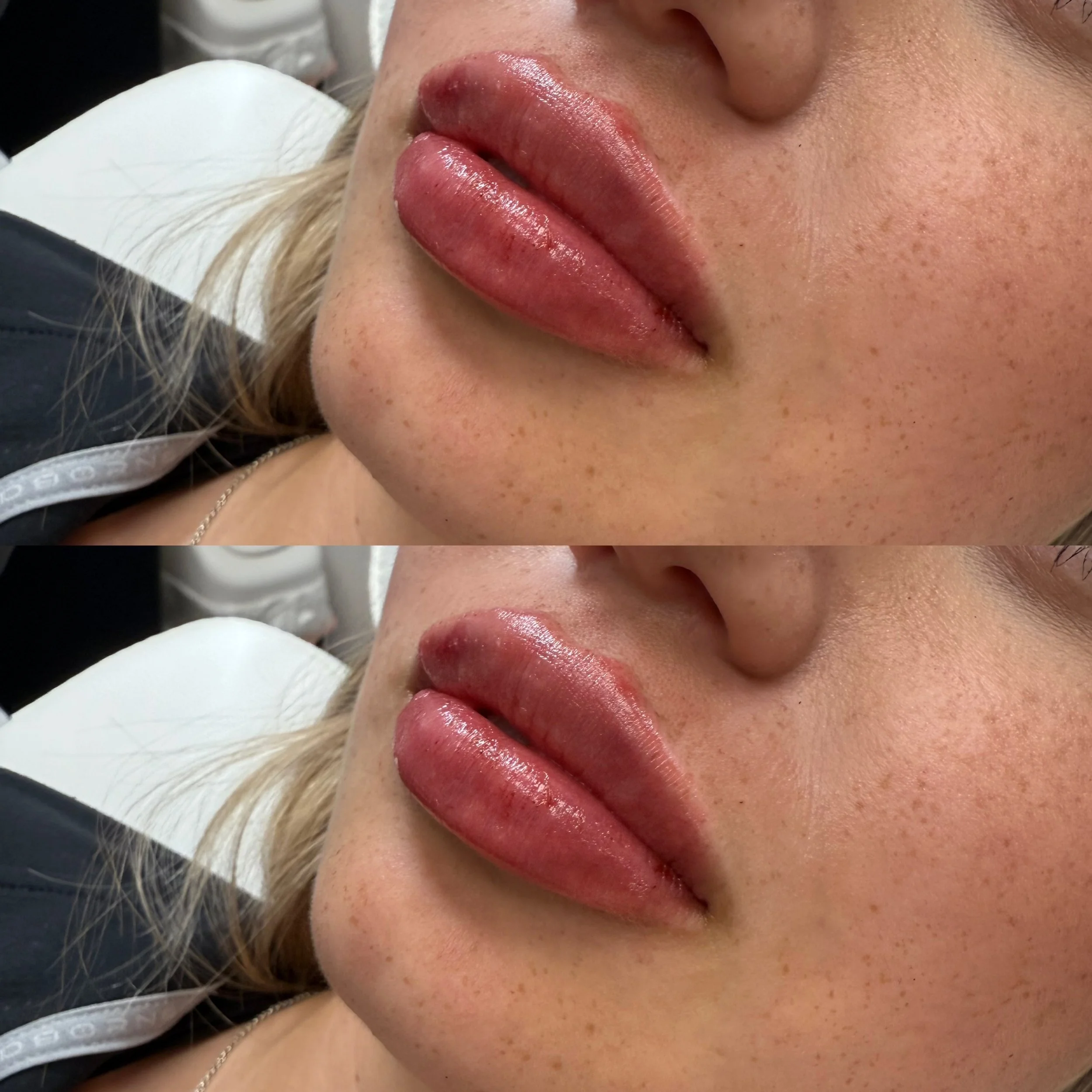 Close-up of a woman's lips with shiny, glossy reddish lipstick. The image is duplicated in a split-screen format.