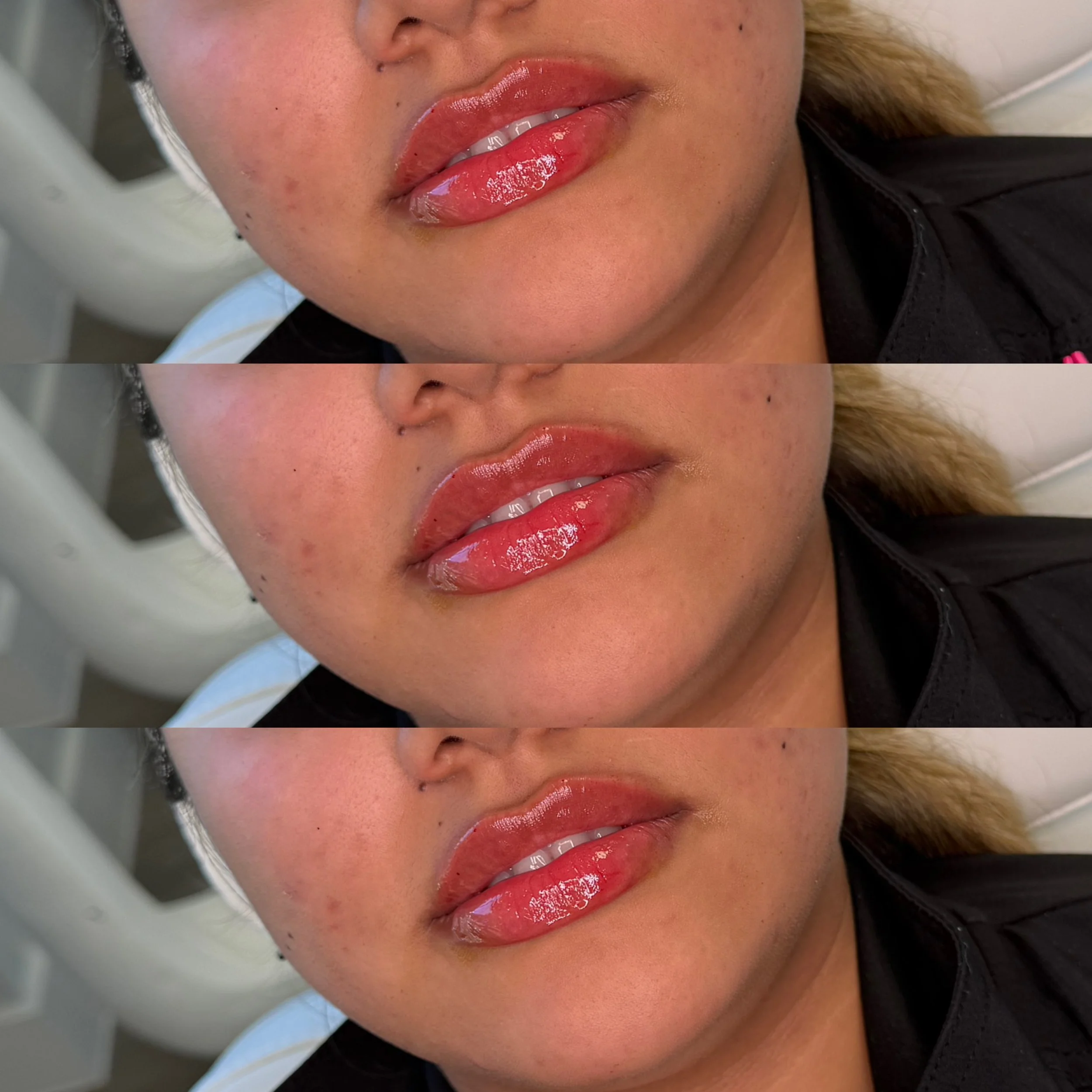 Close-up of a woman's lips with glossy pink lipstick in three nearly identical photos.