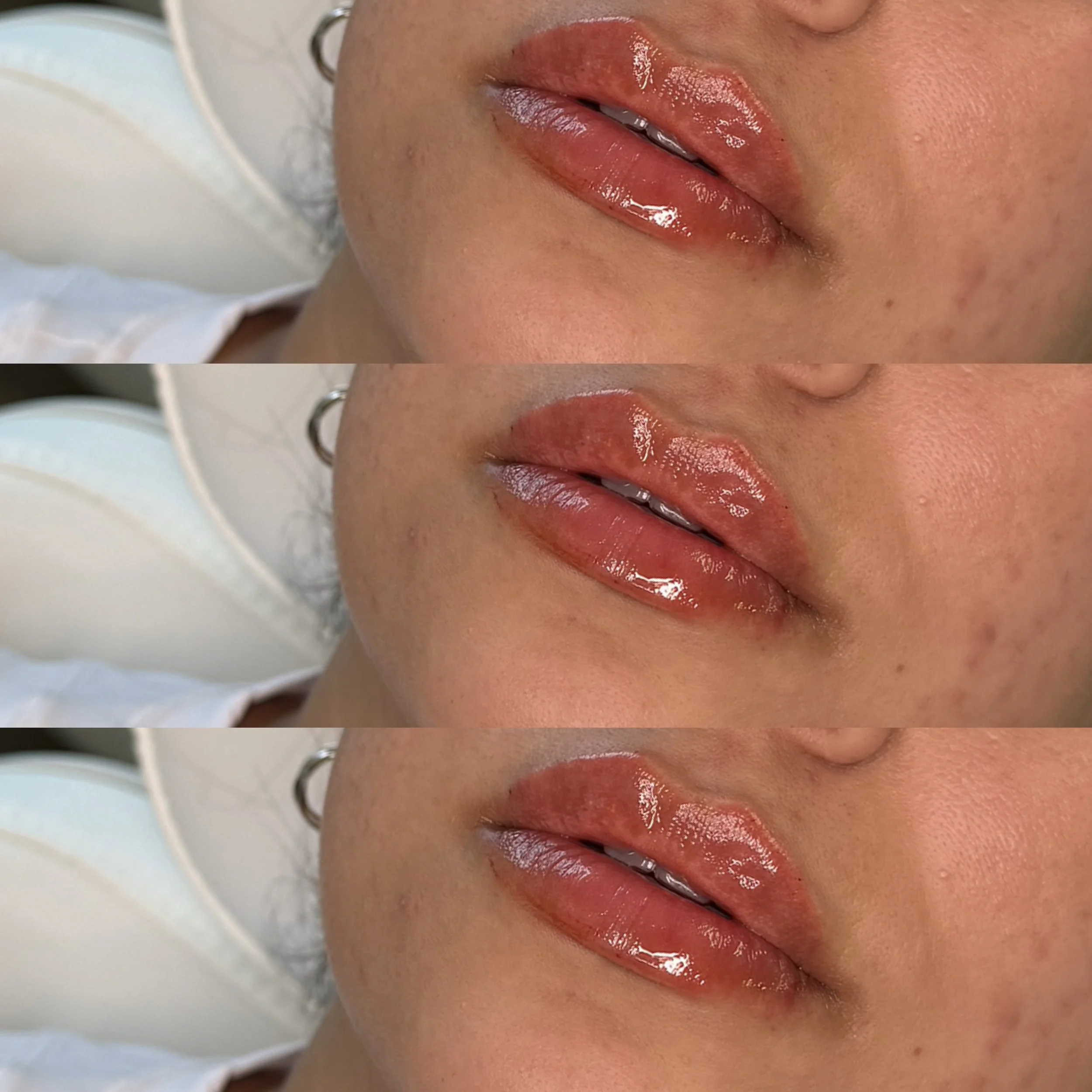 Close-up of glossy, tinted lips with a light brown skin tone, shown in a triptych format.