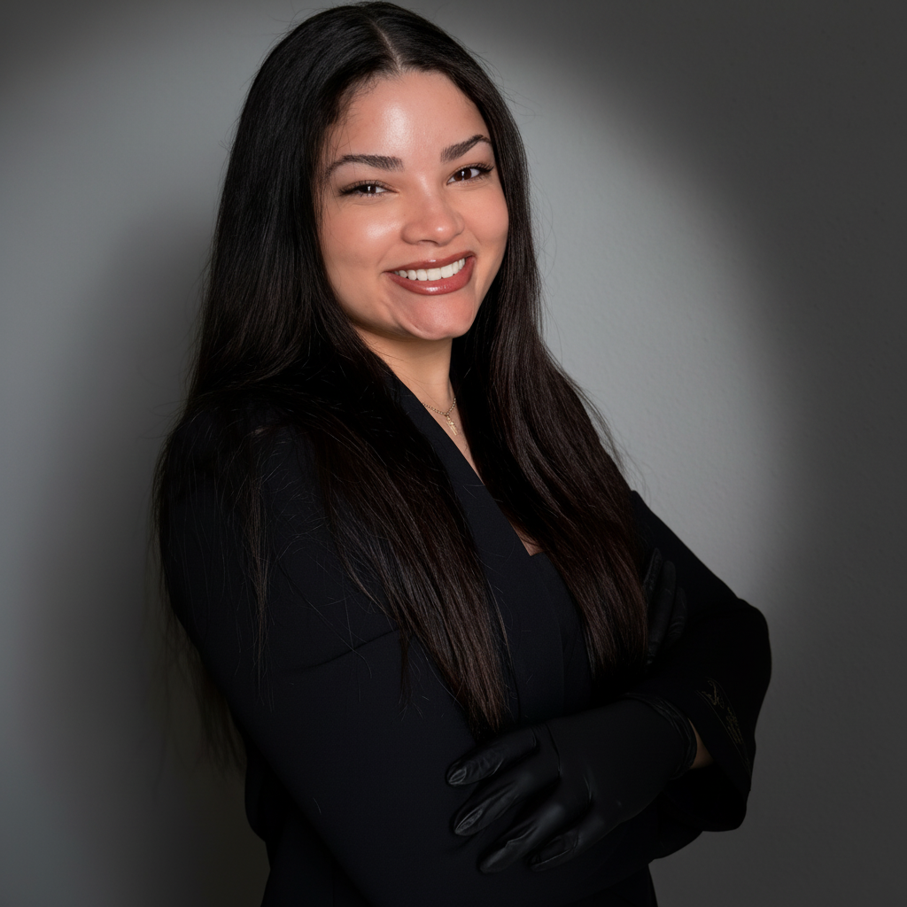 A woman with long dark hair smiling, wearing a black outfit and black gloves, standing with arms crossed against a gray background.