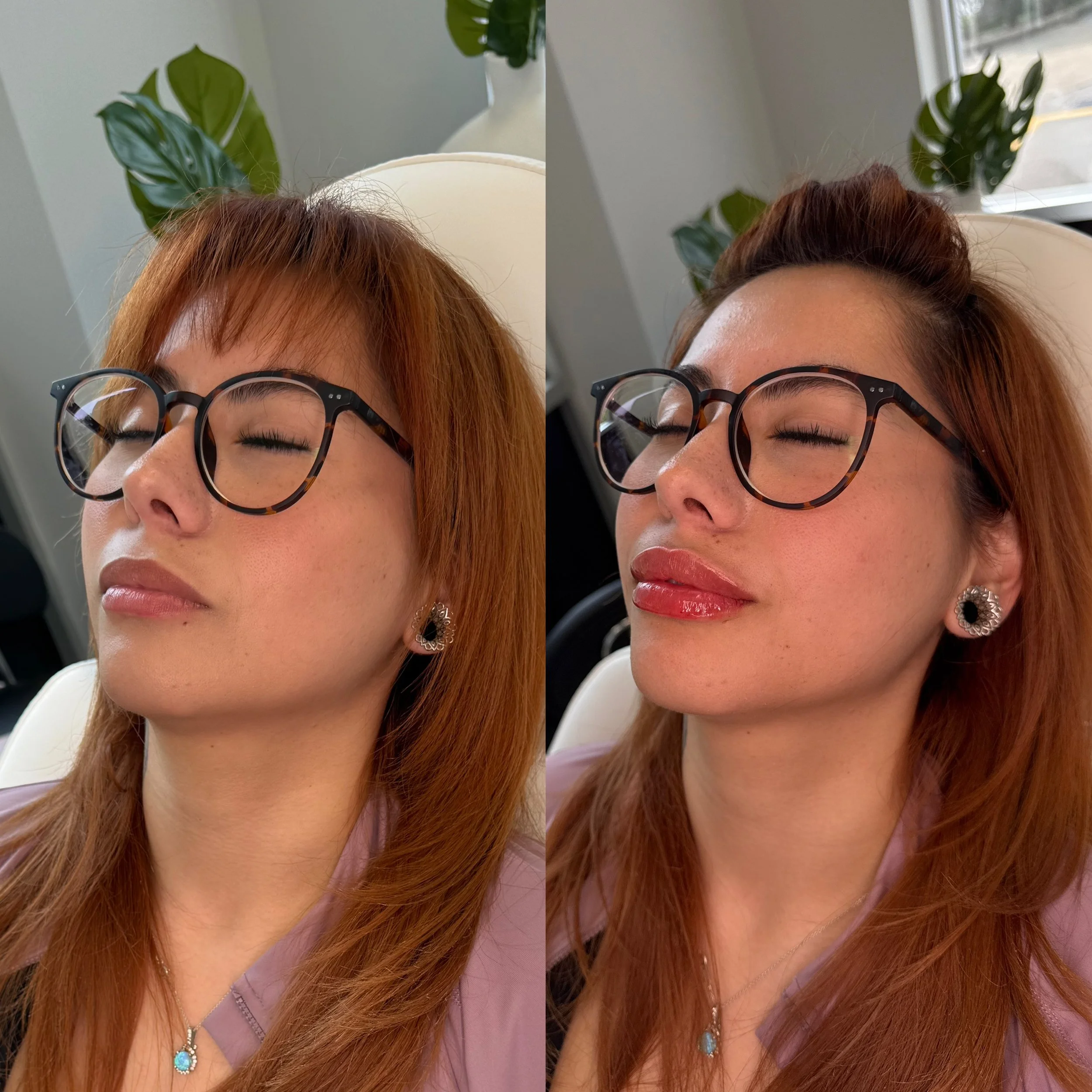 Side-by-side comparison of a woman with red hair, glasses, and earrings, showing a before and after of makeup application, with her eyes closed in both images.