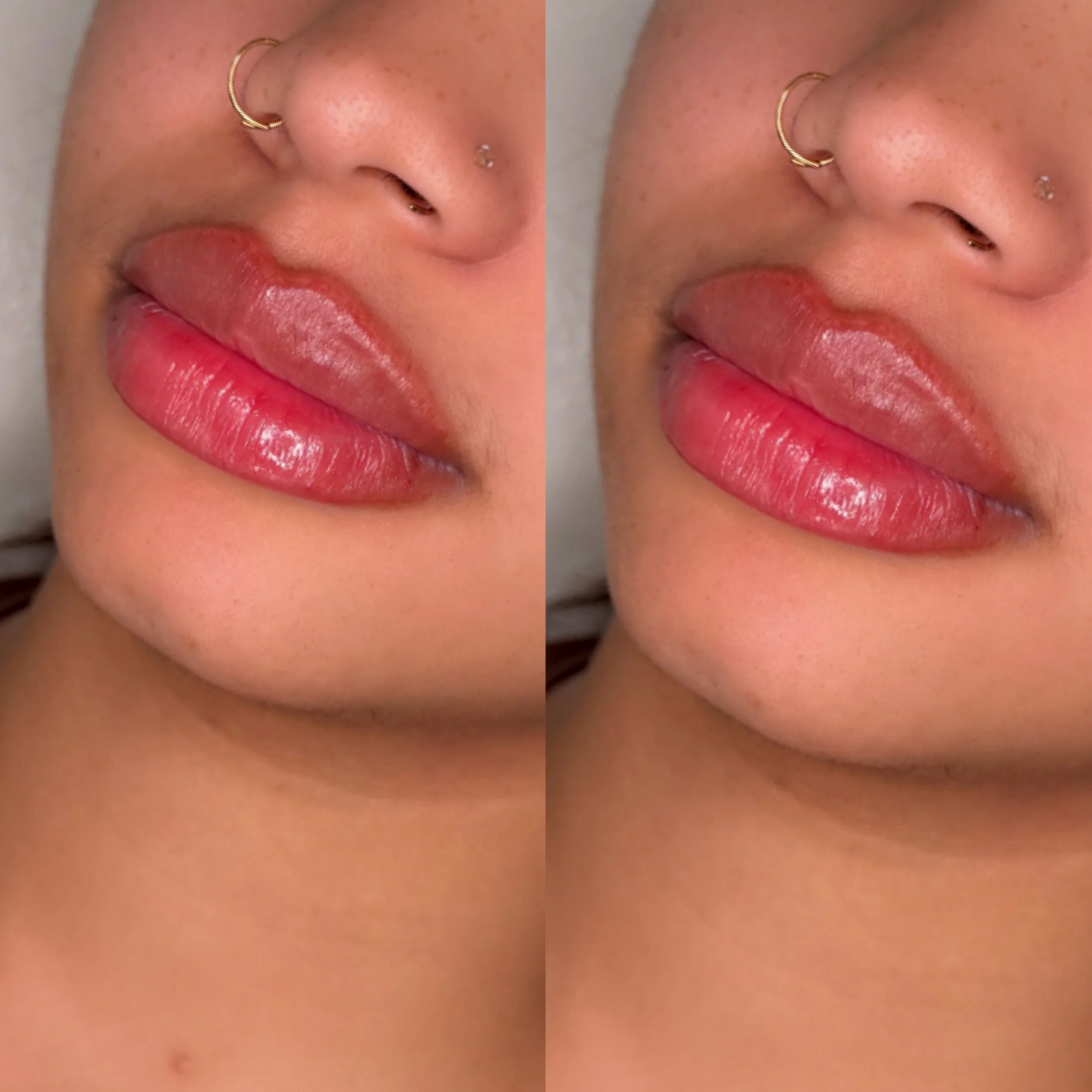 Close-up of a person's face focusing on lips with shiny pink lipstick, nose with small stud, and gold nose ring, with skin featuring freckles.