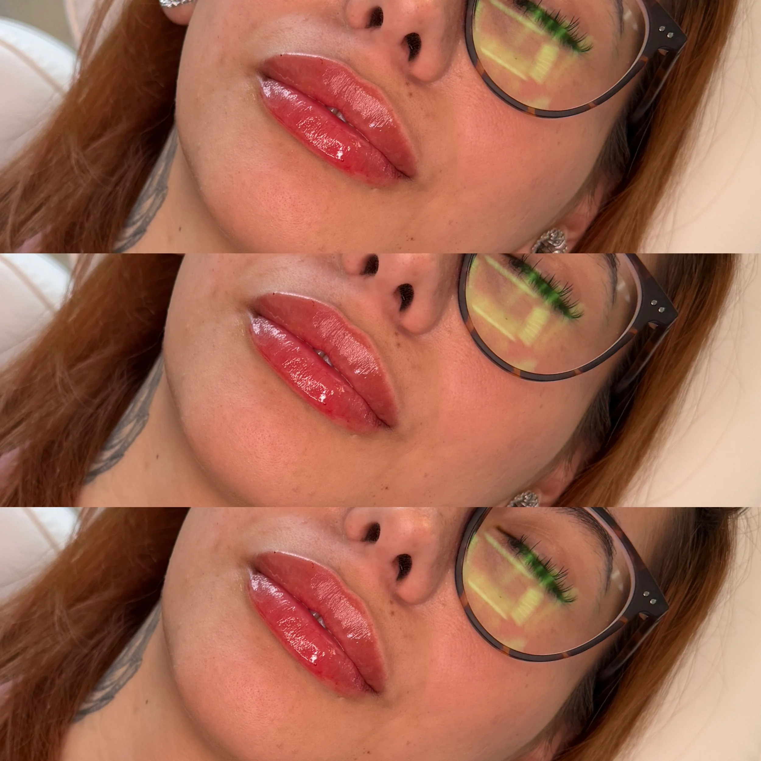 Close-up of a woman's face with red hair, wearing glasses, with glossy lips and a small tattoo on her neck, in a triptych layout.