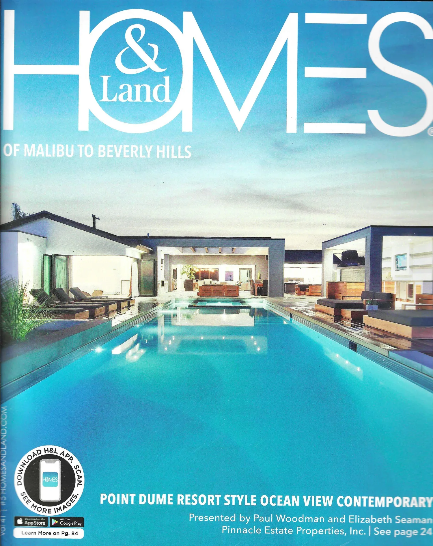 Cover of 'HOMES' magazine featuring a modern house with a swimming pool and outdoor lounge areas.