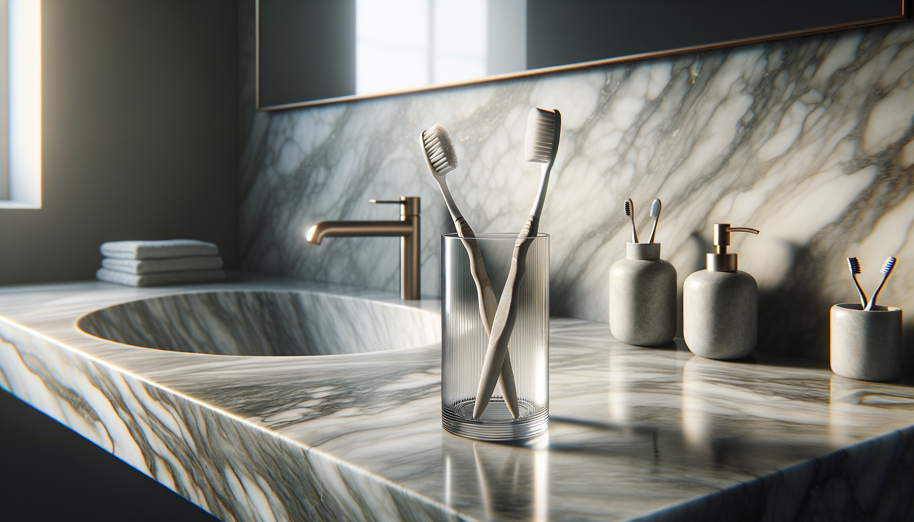 A bathroom sink with a marble countertop, a faucet, and a clear glass container holding toothbrushes. There are also soap dispensers and a small container with additional toothbrushes. The background features a marble backsplash and neatly folded towels.